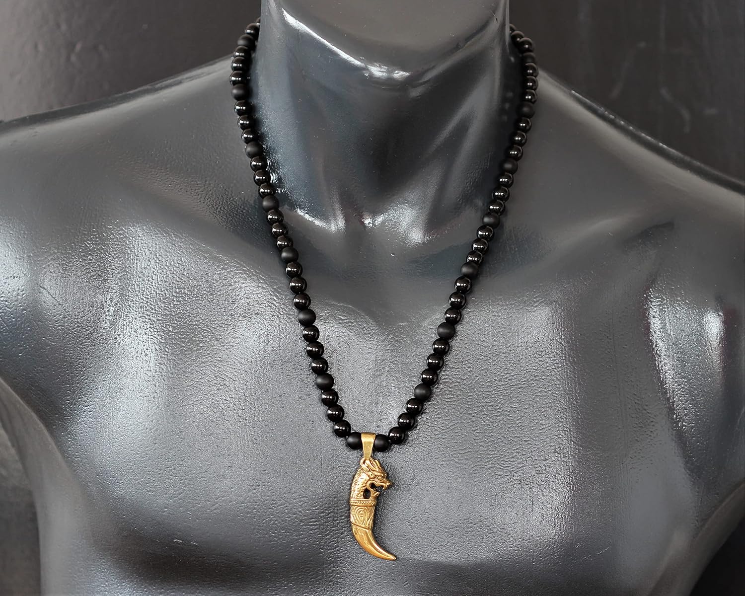 ElisaJewelryArt - Men's Tiger Tooth Necklace Natural Onyx Beaded Necklace Gift For Him Christmas Gift For Father Protective Gift Balance Bohemian Necklace