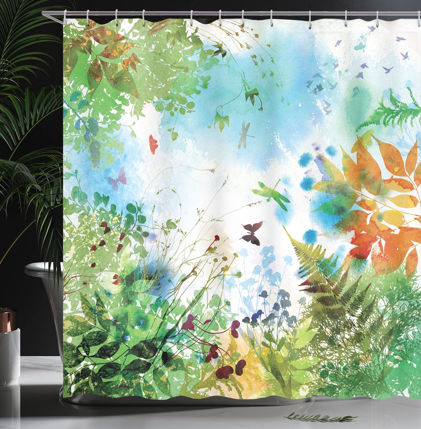 Ambesonne Dragonfly Shower Curtain, Ferns Petals Flourishing Nature Fantasy Complex Mixed Digital Watercolors, Cloth Fabric Bathroom Decor Set with Hooks, 69" W x 75" L, Fern Green Soft Blue Apricot