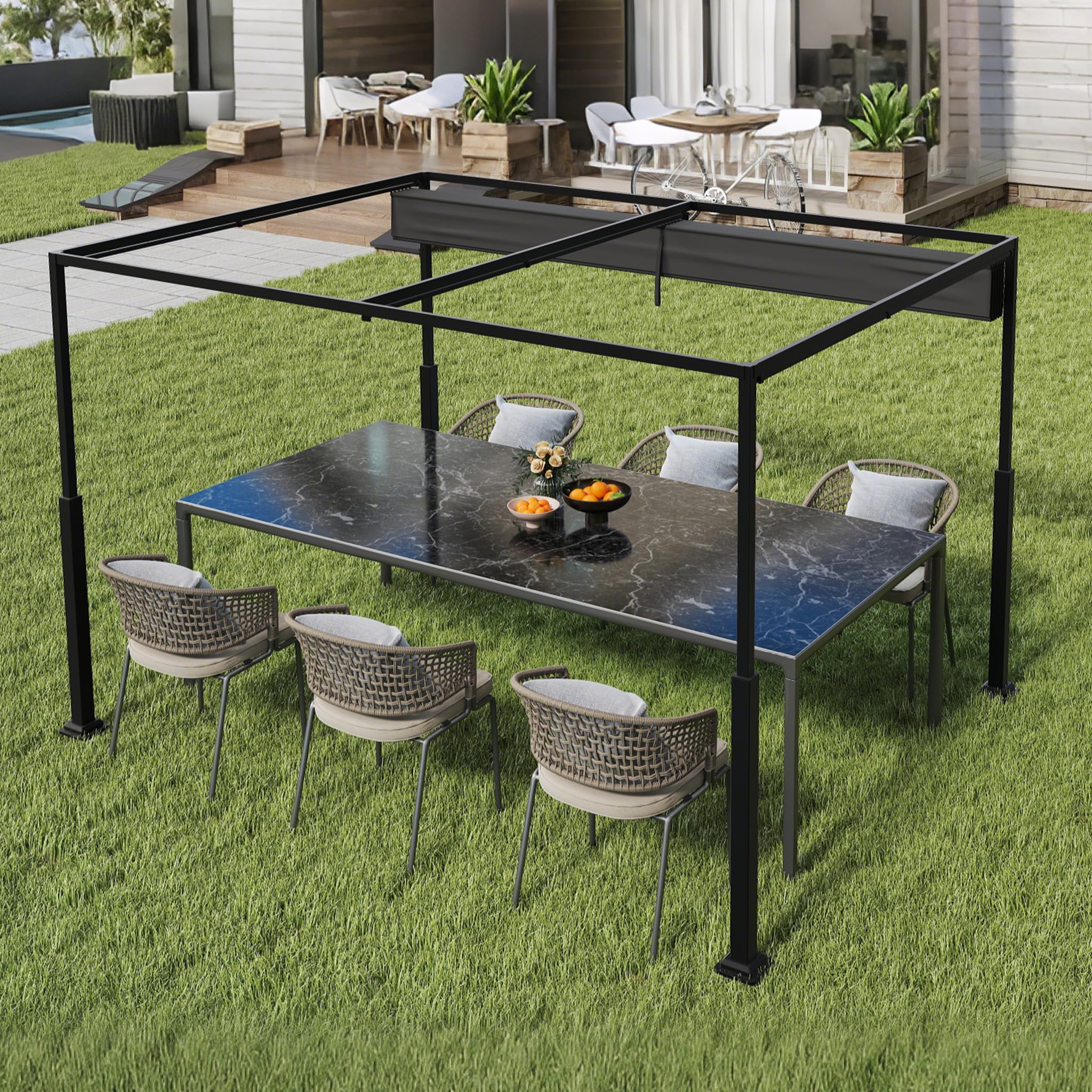 LZQ Pergola tonnelle 3 x 4 m avec cadre en acier robuste et toit polyester revêtu PA réglable, protection solaire anti-intempéries pour jardin et terrasse (noir)