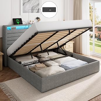 Feonase Bed 180 x 200 cm with Storage Space Upholstered Bed 180 x 200 cm with LED Lighting & Charging Station Bed Frame with Hydraulic and Linen Headboard Storage Space Slatted Frame Without