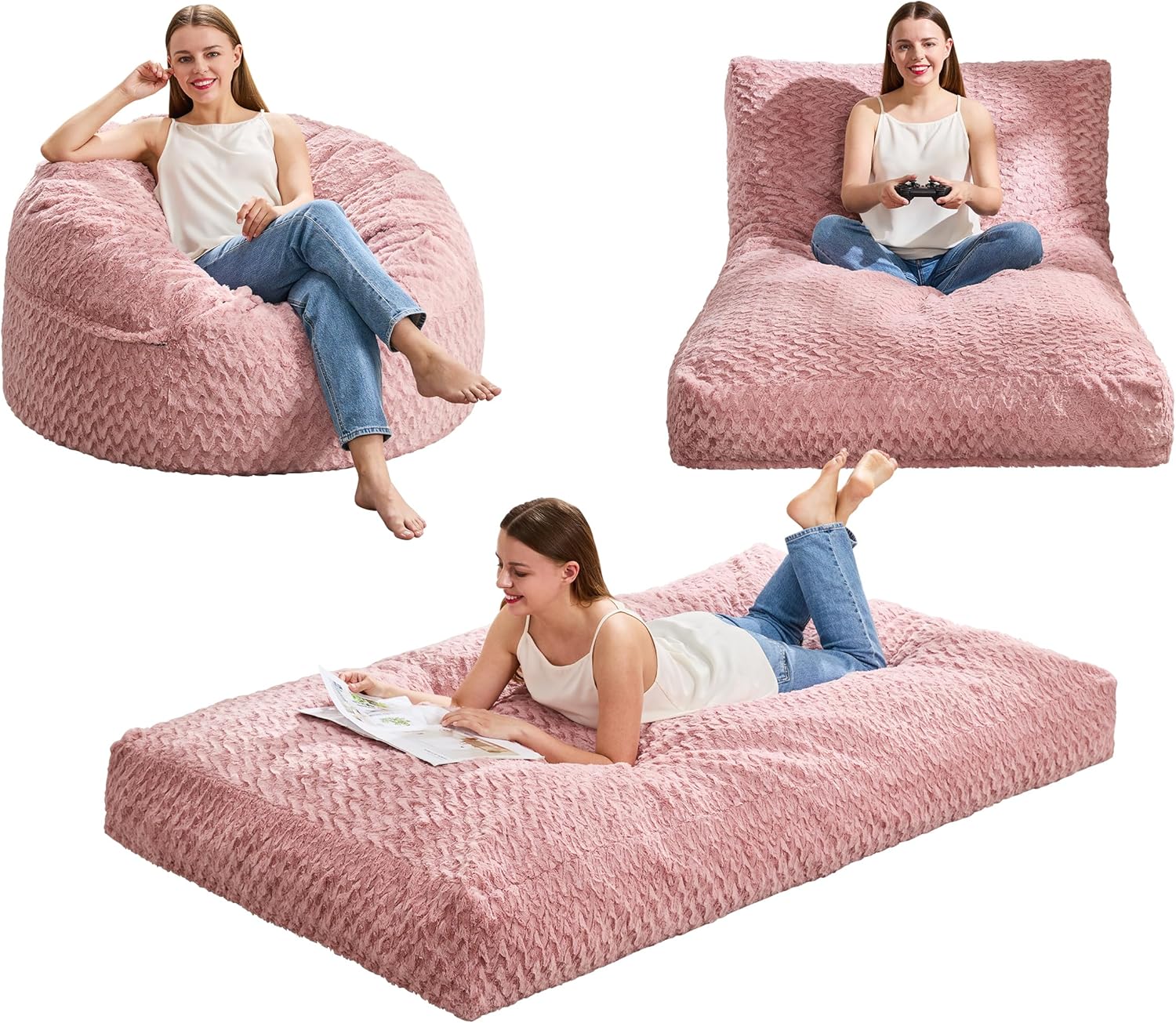 Hobestluk Bean Bag Chair Convertible Beanbag Chairs for Adults, 3 in 1 Bean Bags with Plush Chevron Cover, Adult Bean Bag Chair for Living Room, Bedroom (Pink, Twin) Pink Twin