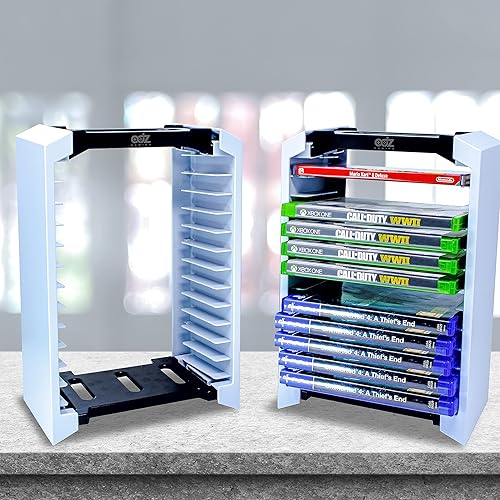 Vista 12 de ADZ Torre de almacenamiento de juegos Gray Camo – Organizador universal de videojuegos para PS4, PS5, Xbox, Switch y Blu-Ray – Capacidad para 12