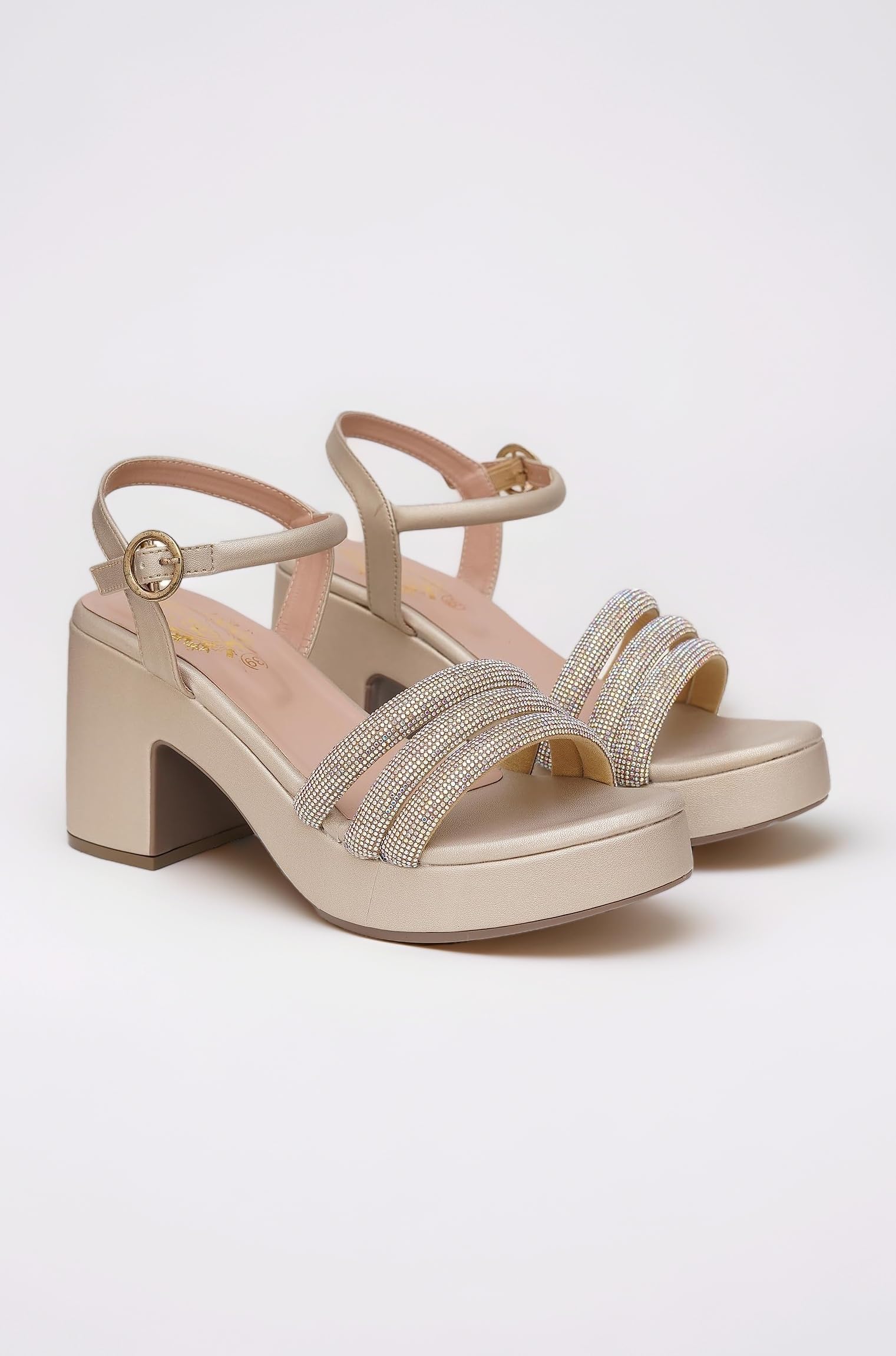 Women’s Block Heel Sandals with Ankle Strap – Glitter Strap || Party Footwear Heels for Casual, Wedding & Festive Outfits