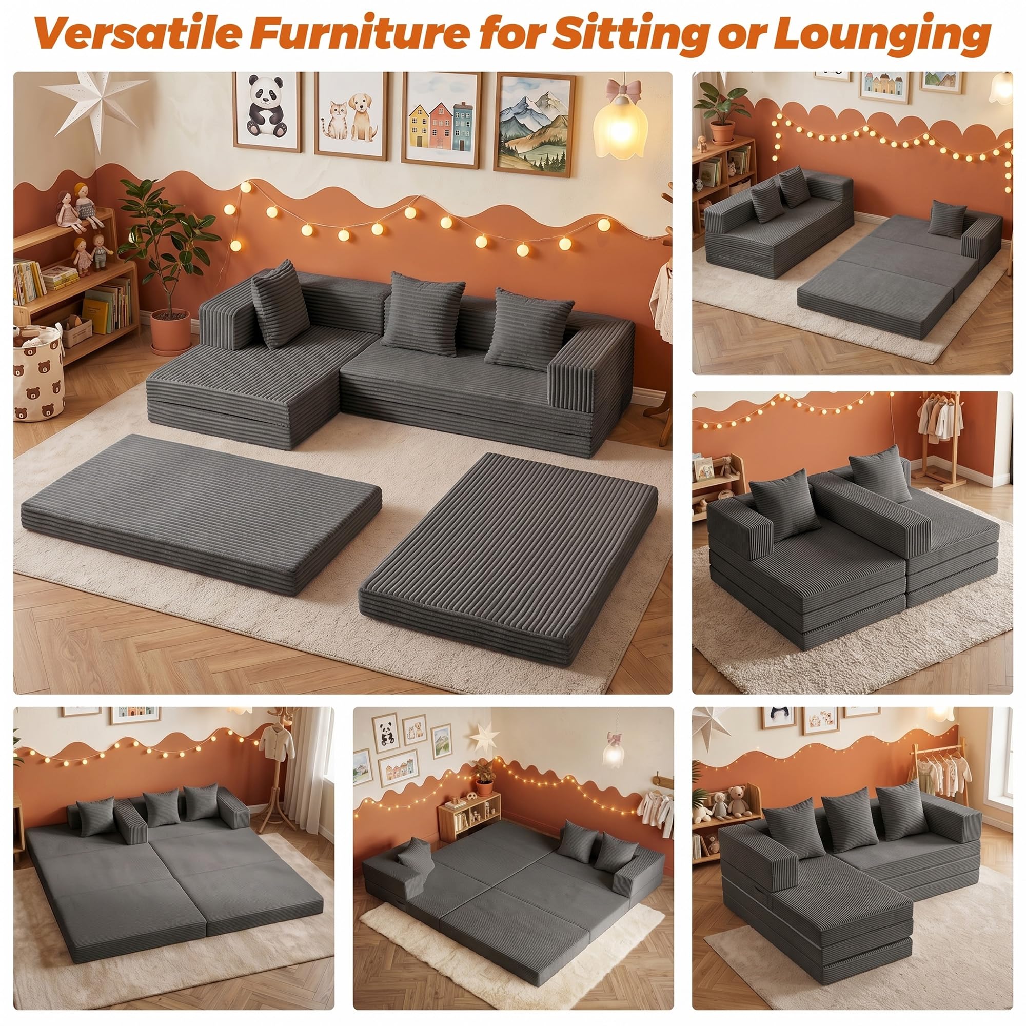 6-in-1 Tri-Folding Mattress | Cloud Boneless L-Shaped Modular Sectional Couches | Corduroy Pet-Friendly Convertible Futon Sofa Bed with 800LB Capacity Apartment, Guest Room, Game Room