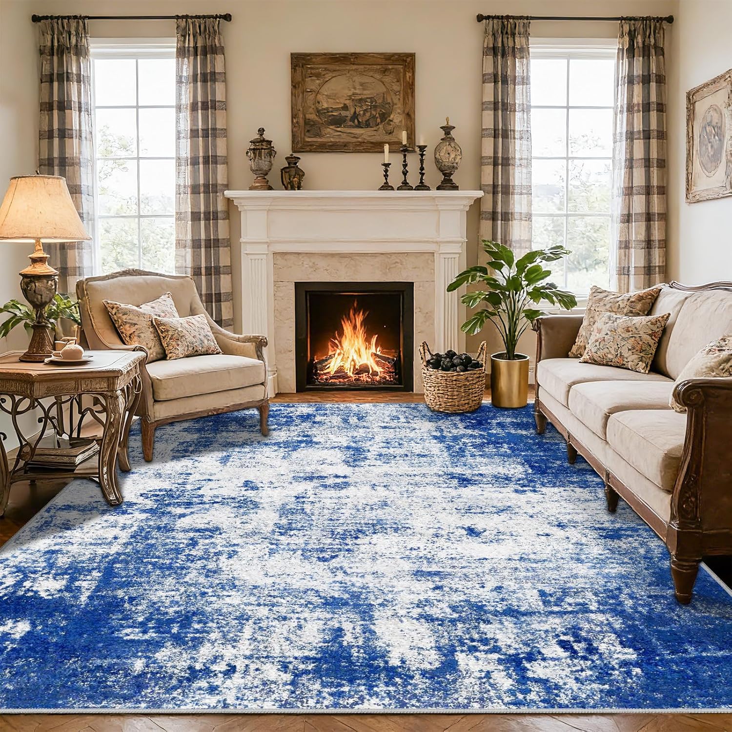Washable Area Rug 4'x6' Non-Slip Living Room Rugs, Soft Blue Vintage Distressed Pattern Carpet for Bedroom Dining Room, Foldable Thin Floor Mat for High Traffic Areas, Pet & Kids Friendly Home Decor