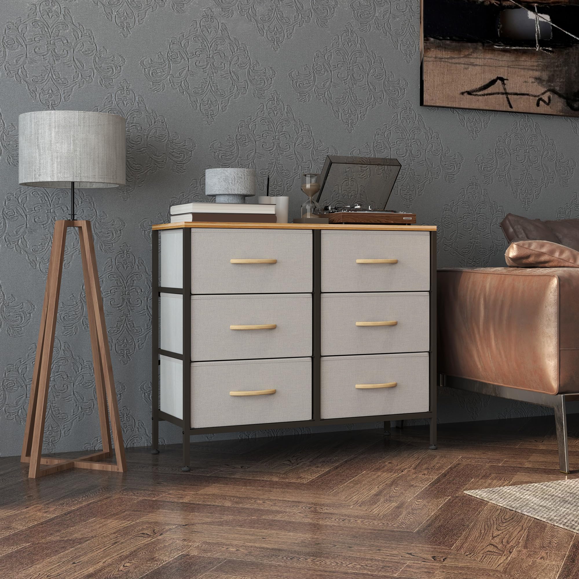 HOMCOM Kommode aus Stoff, industrielle Schlafzimmerkommode mit 6 Stoffschubladen, Stahlrahmen und Holzplatte für Kinderzimmer, Wohnzimmer, Flur, Cremeweiß