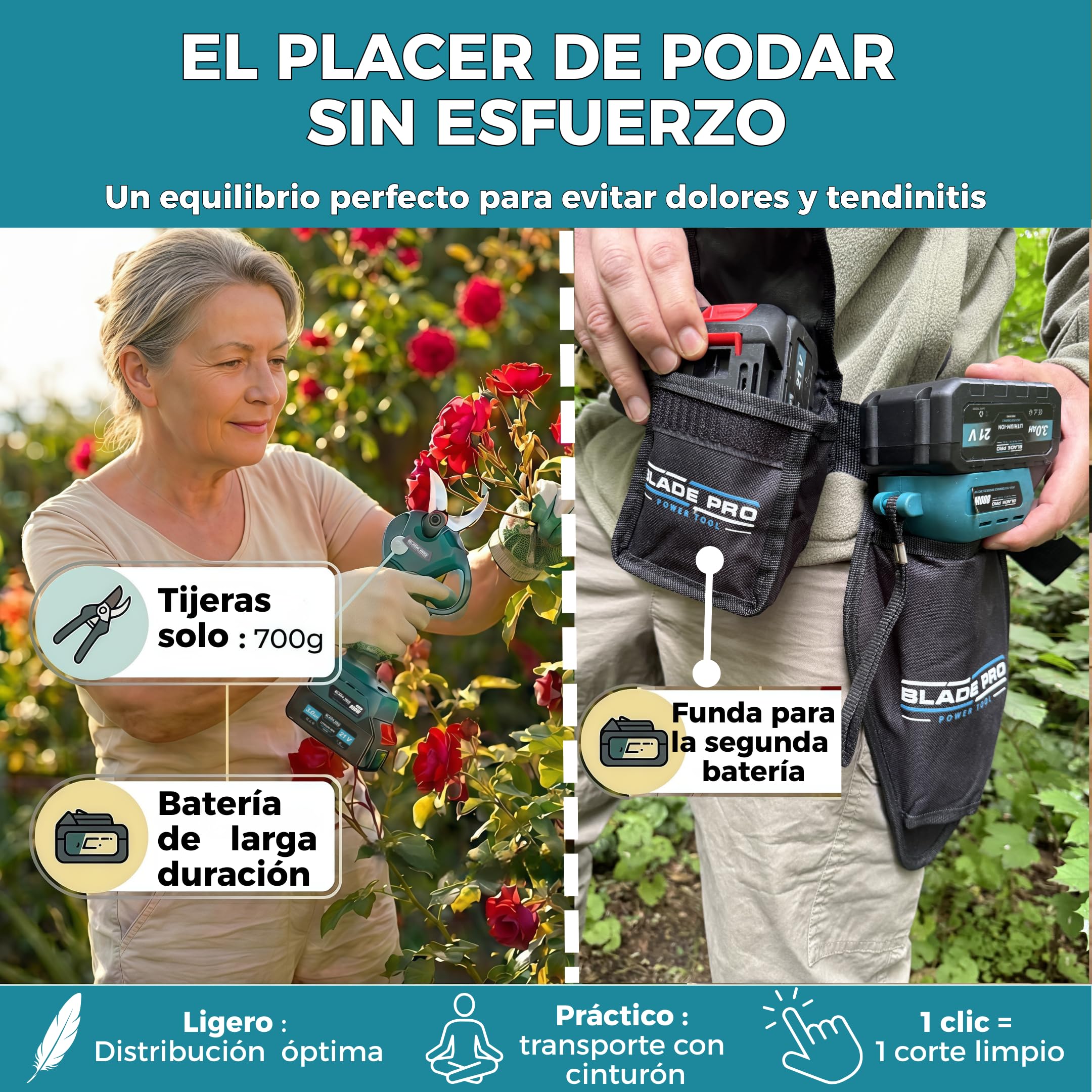 Tijeras de Podar a Batería 6000mAh Brushless hasta 40mm — Tijeras Eléctricas Profesionales — 2 Baterías 21V — Cuchilla SK5 — Kit Completo 10 Piezas BLADEPRO