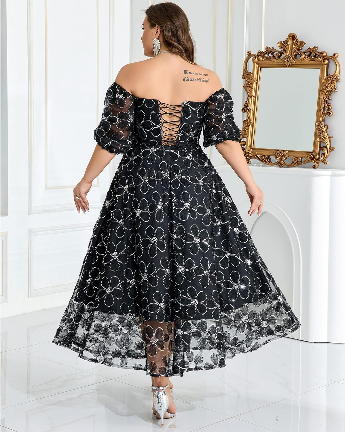 Plus Size Cocktail Wedding Guest Dress for Women Empire Waist Sequin Embroidered Lace Midi Dresses - Image 4