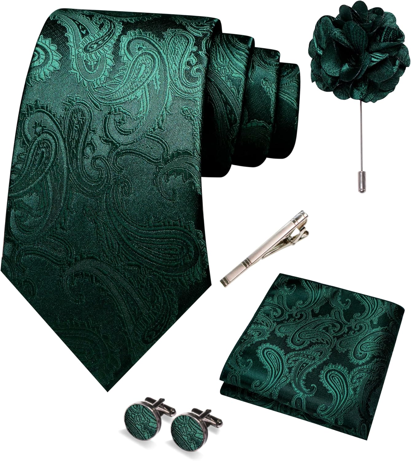 JEMYGINS Mens Paisley Tie and Pocket Square,Lapel Pin,Cufflinks,Tie Clip Sets with Gift Box 5PCS