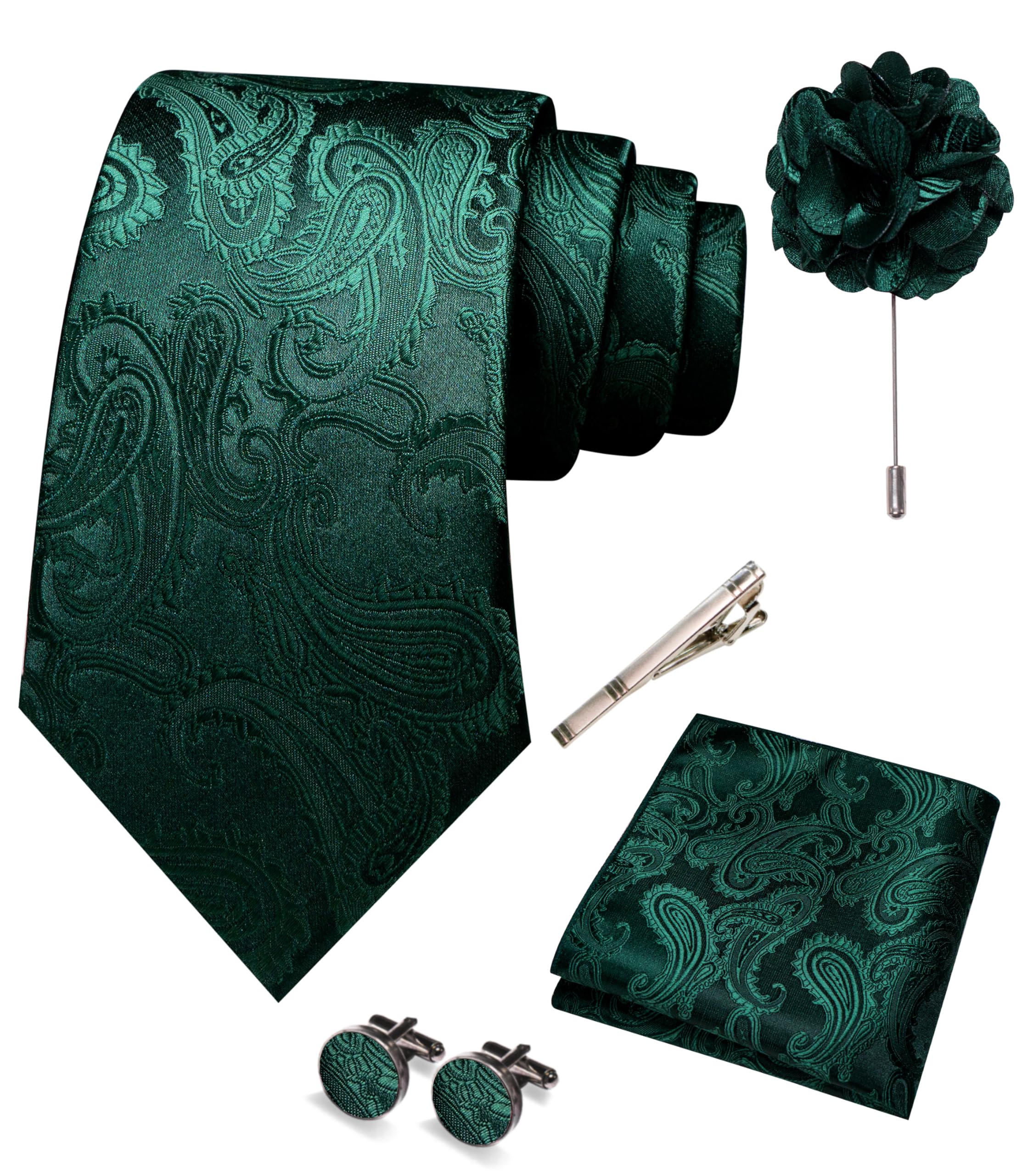 JEMYGINS Mens Paisley Tie and Pocket Square,Lapel Pin,Cufflinks,Tie Clip Sets with Gift Box 5PCS