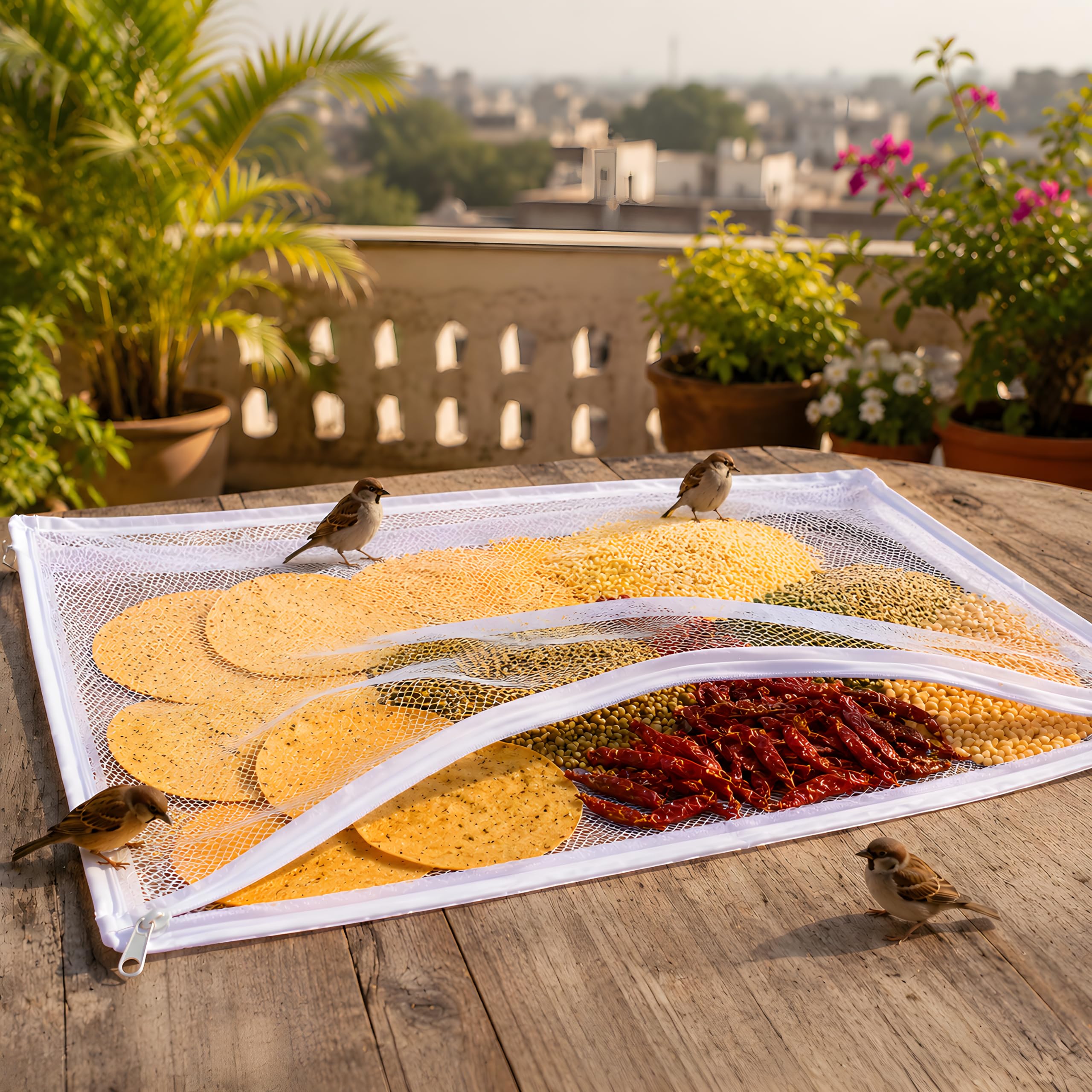 HM 1 Pcs Sun Drying Cloth with Net for Grains | Cotton Drying Cloth with Net & Zip for Food | Papad Drying Cloth | Spices | Millets | Off White Color | Medium (65x100cm)-image-14