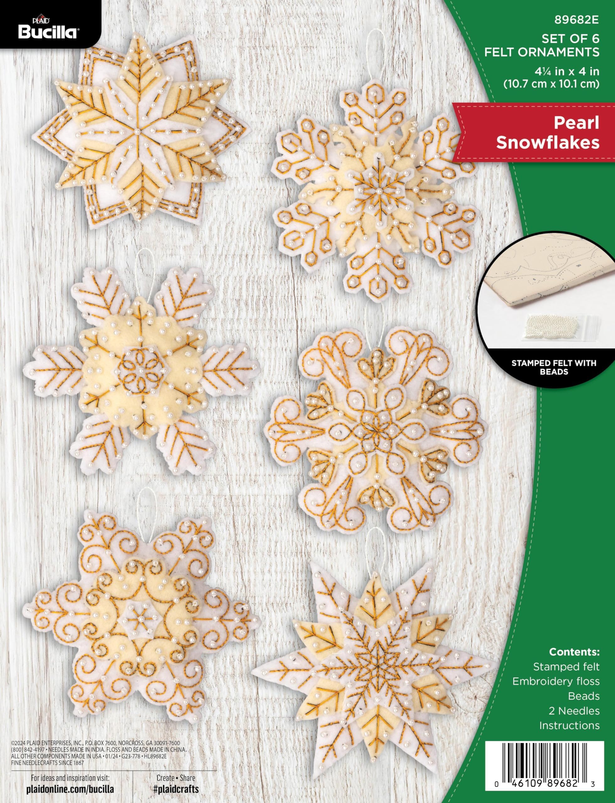 Felt Applique 6 Piece Ornament Making Kit, Pearl Snowflakes, Perfect for Holiday DIY Arts and Crafts, 89682E