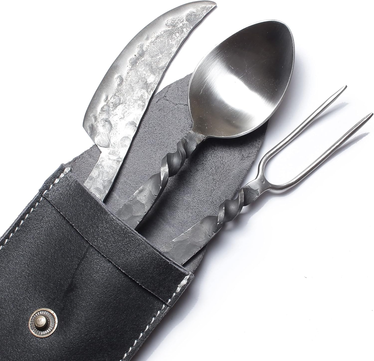 Handforged Medieval Cutlery Set - Stainless Steel Knife, Fork and Spoon Set - Includes Genuine Leather Utensil Pouch