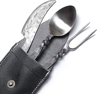 Handforged Medieval Cutlery Set - Stainless Steel Knife, Fork and Spoon Set - Includes Genuine Leather Utensil Pouch