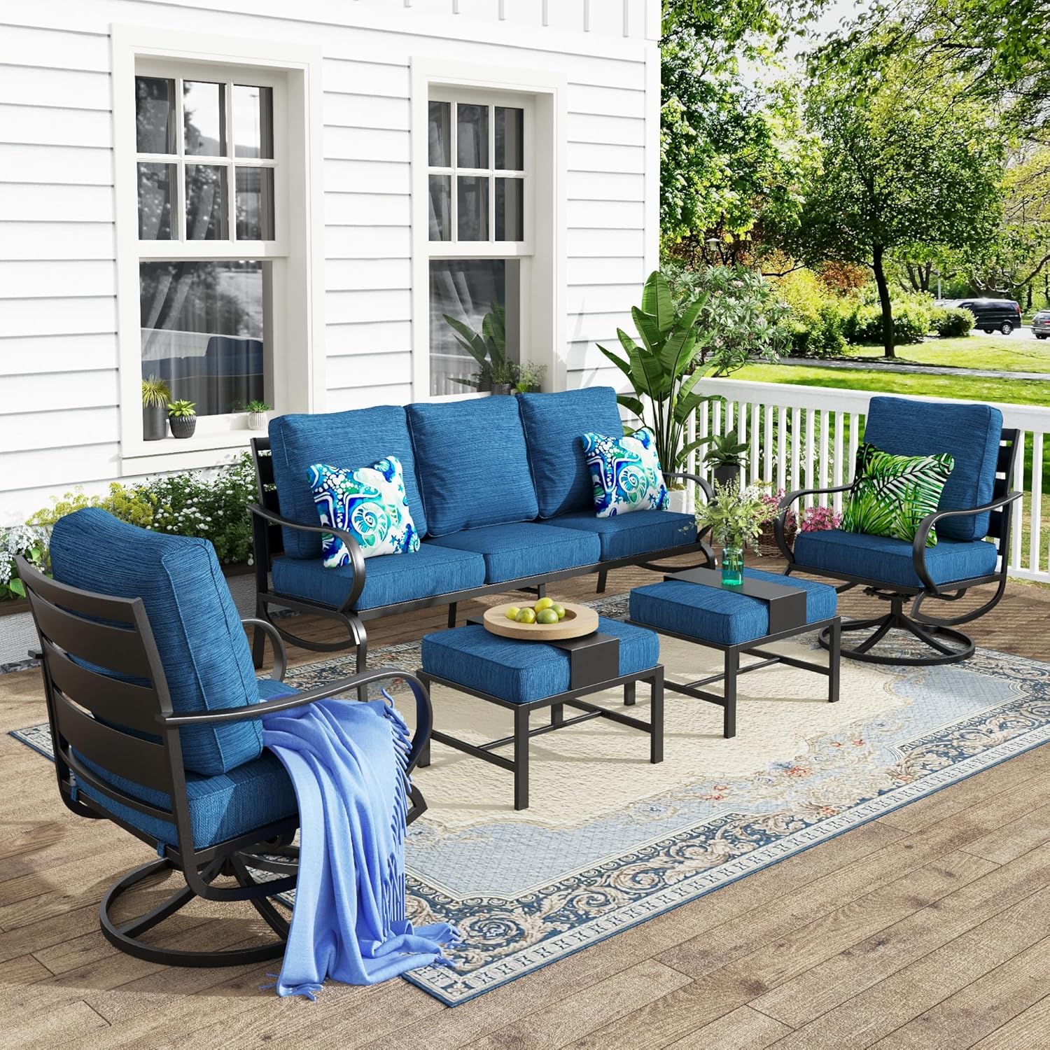 MFSTUDIO 5 Pieces Patio Conversation Sets,Outdoor Metal Furniture Sofas with 1 x 3-Seat Sofa, 2 x Swivel Chairs,2 x Ottoman,Wrought Iron Frame with Peacock Blue Cushion for Patio Courtyard Balcony