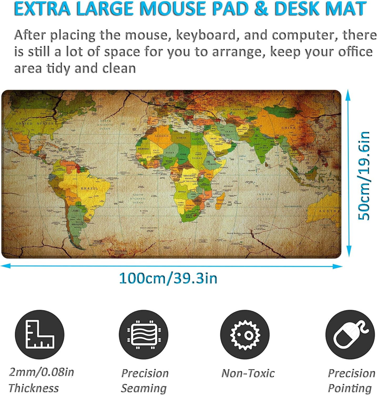 LL-COEUR XXL World Map Mouse Pad Gaming Keyboard Mat Laptop Office Desk Mat (1000 x 500 x 2 mm)
