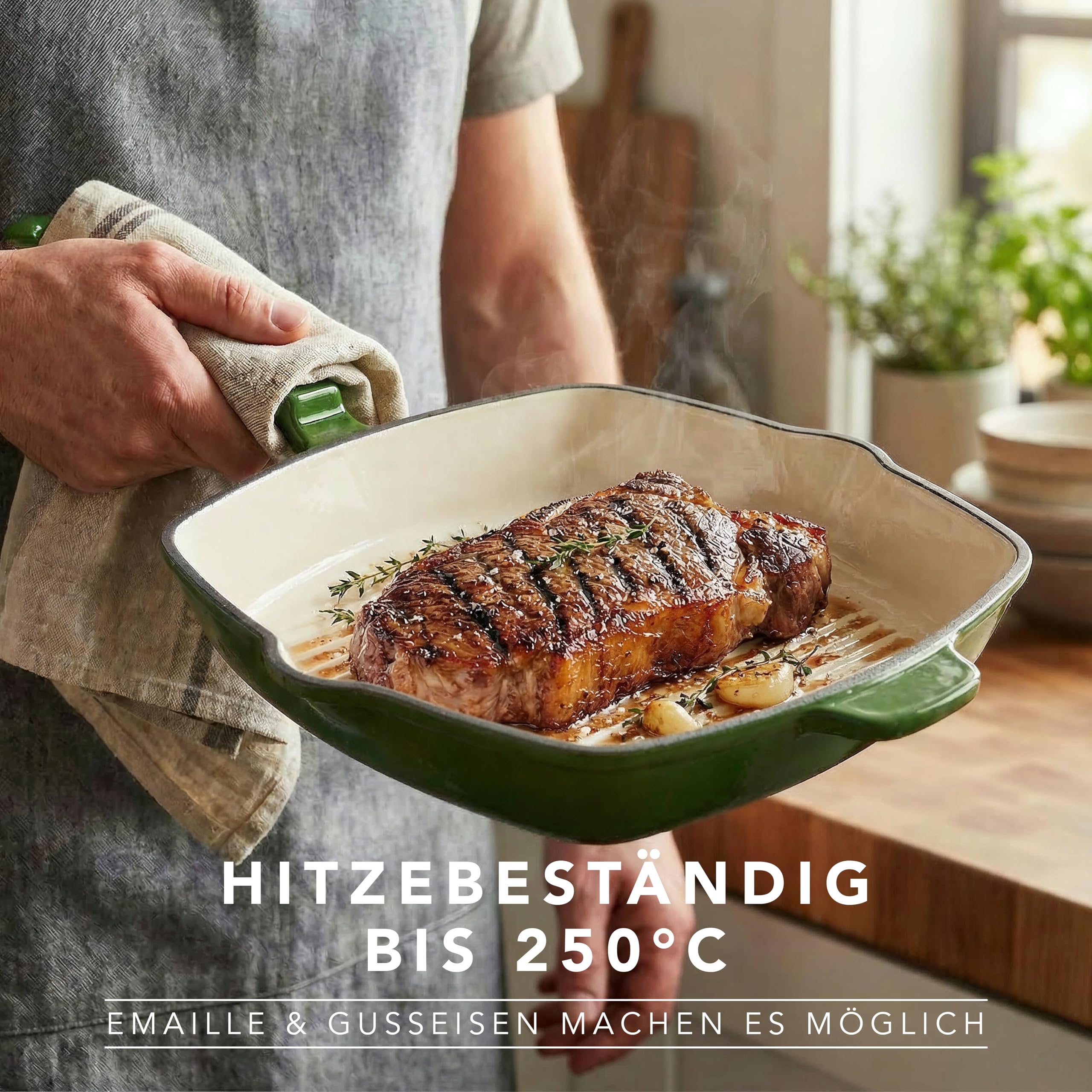 Römertopf Poêle carrée en fonte 24 cm – Poêle à steak avec revêtement émaillé, tous les types de feux, y compris l'induction, passe au four 250 °C, rôtir sans graisse, sans PFAS, vert foncé