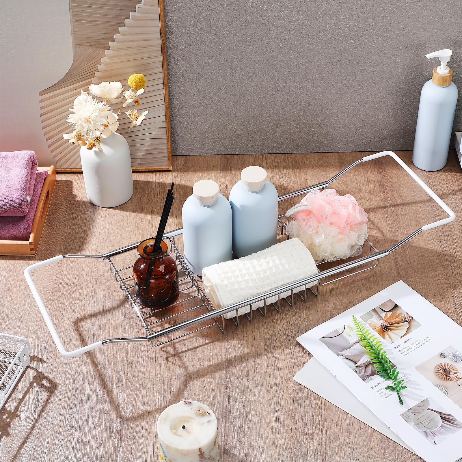 Cabilock Estante de baño Ajustable, Bandeja de baño de Acero Inoxidable 304, Organizador de baño multifunción con Estante de Lectura Ajustable, para Tableta o teléfono Celular