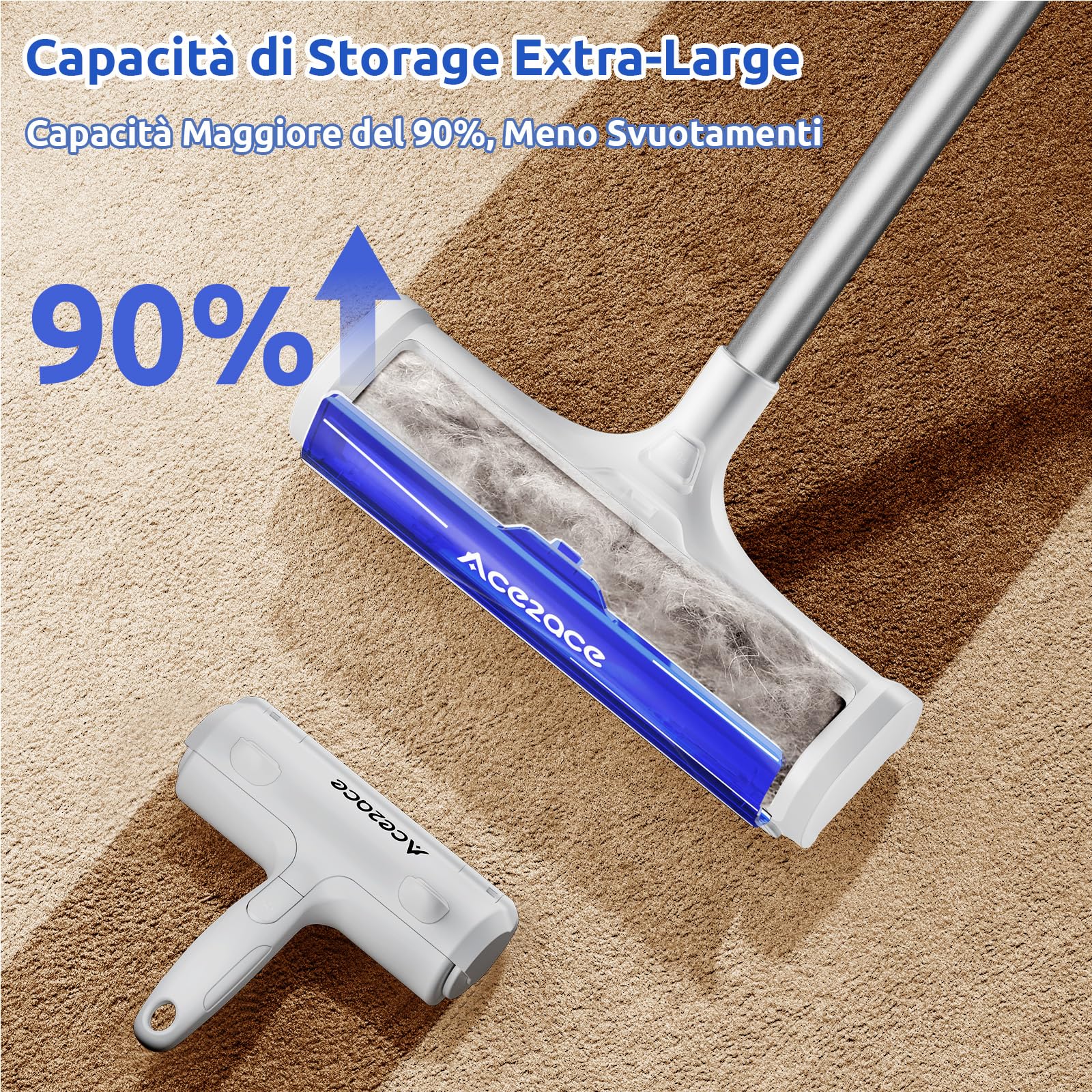 ACE2ACE A3 PRO Spazzola Peli Animali da Tappeti, Spazzatrice Autopulente a Raccolta Autonoma, Spazzola per Tappeti con Manico Lungo 1.5m per Rimuovere Peli di Cane e Gatto da Moquette e Stuoie, Blu