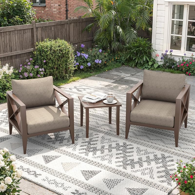 Juego de muebles de aluminio para exteriores de 3 piezas Juego de conversación para patio al aire libre | Marco de aluminio para todo tipo de clima, seccional para exteriores con mesa auxiliar, cojines de 5,2 pulgadas de grosor para balcón, porche, patio trasero, marrón