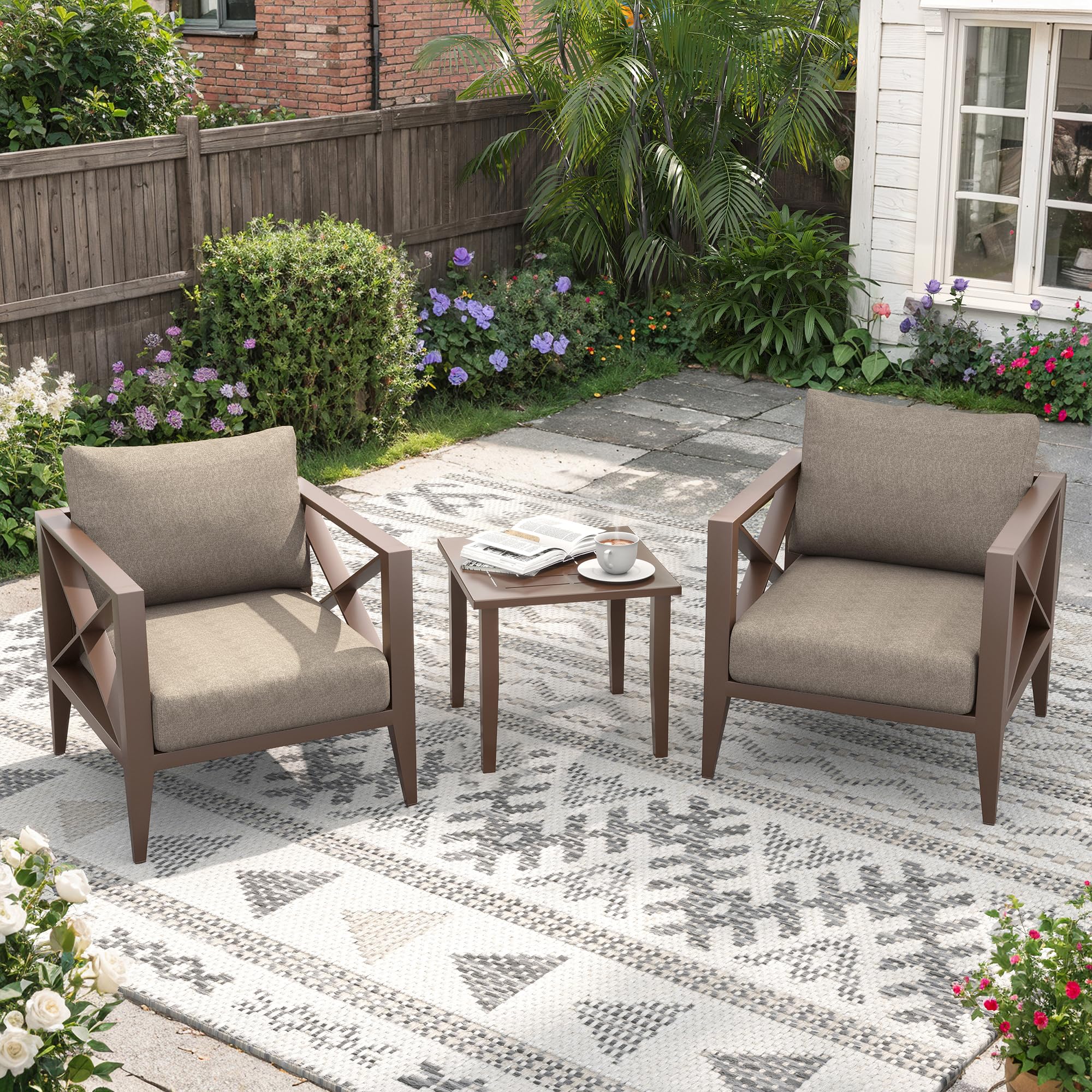 Aluminum Outdoor Patio Furniture Set with 5.2" Thick Cushions, 3-Piece Outdoor Sectional with Coffee Table, Patio Conversation Sets for Backyard,(Brown,2 Seats)