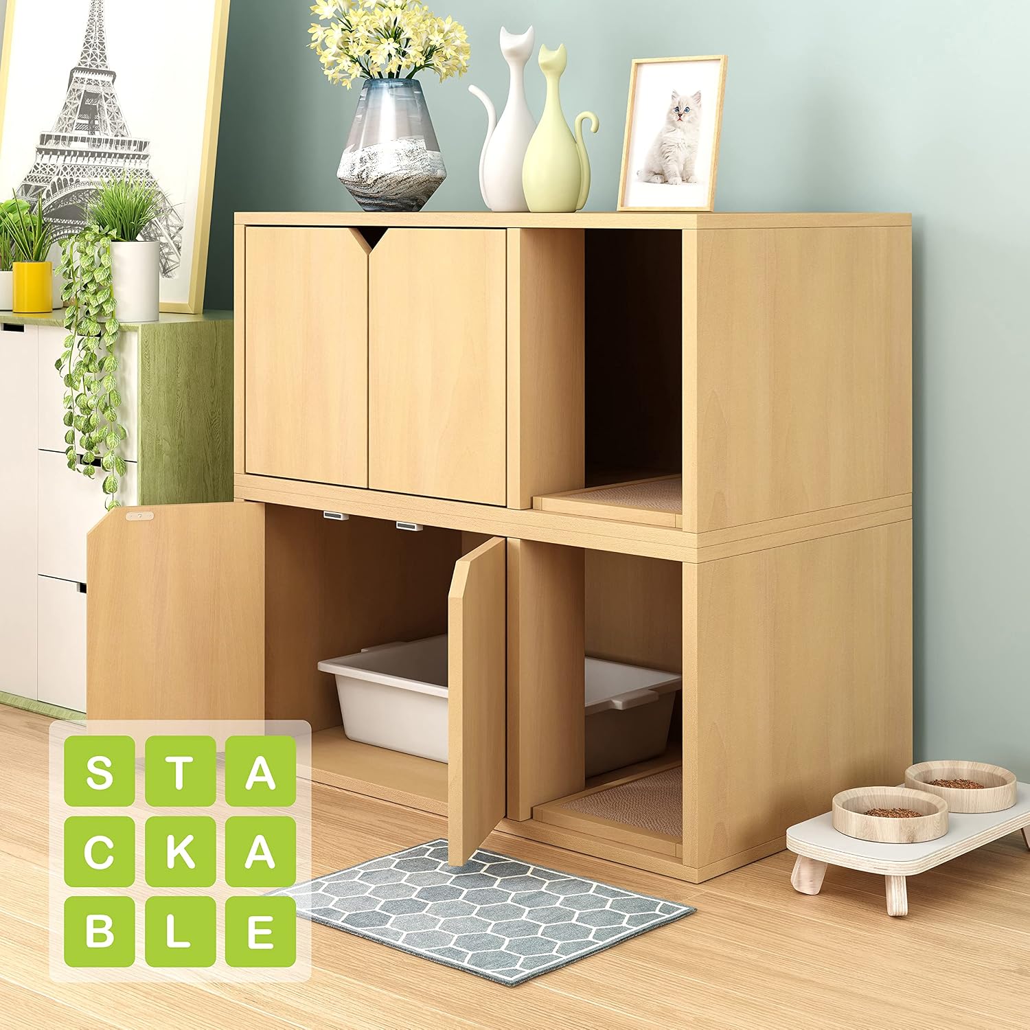 WAY BASICS Cat Litter Box Enclosure Pet House - Odor Control Modern Furniture (Tool-Free Assembly) Natural