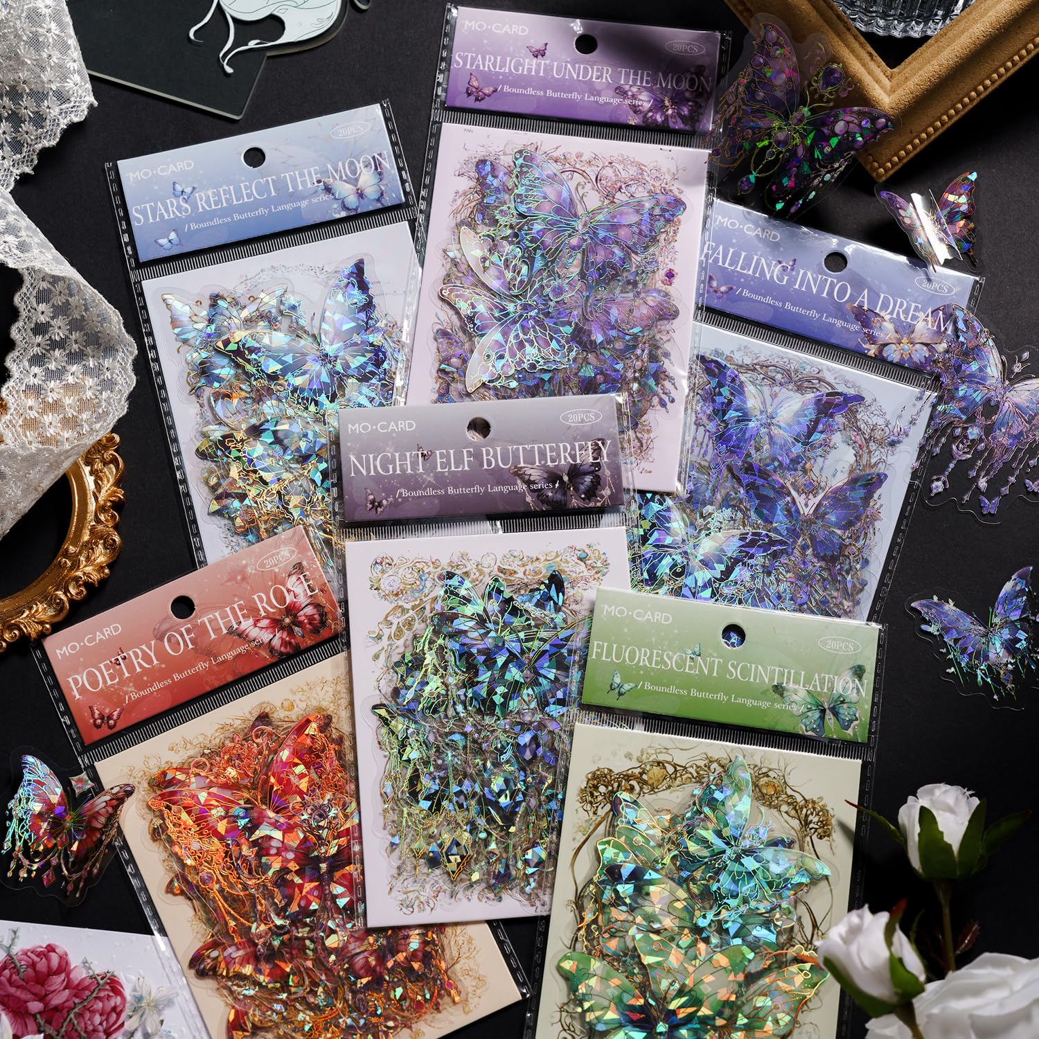 Obujopal 120 Pcs Holographic Butterfly Stickers for Scrapbooking Junk Journal Craft Card Making Collage Water Bottle Phone Case Envelope Planner Diary Notebook DIY Decoration, 60 Patterns (HOLO-120)