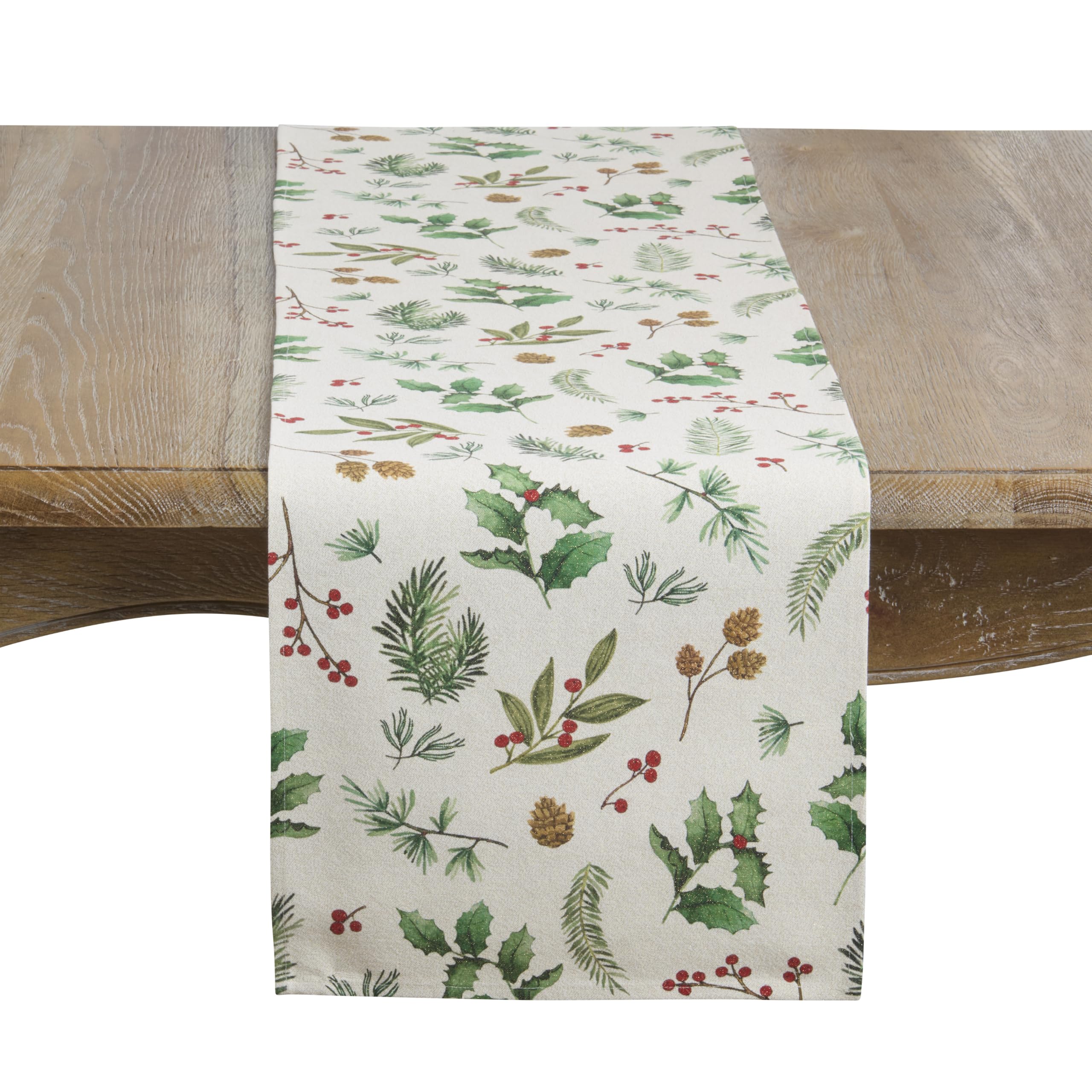 SARO LIFESTYLE Winter Botanical Table Runner - Christmas Table Runner with Pinecone, Holly, and Woodland Botanical Print for Farmhouse Dining Tables and Seasonal Winter Entertaining, 13"x72", Multi