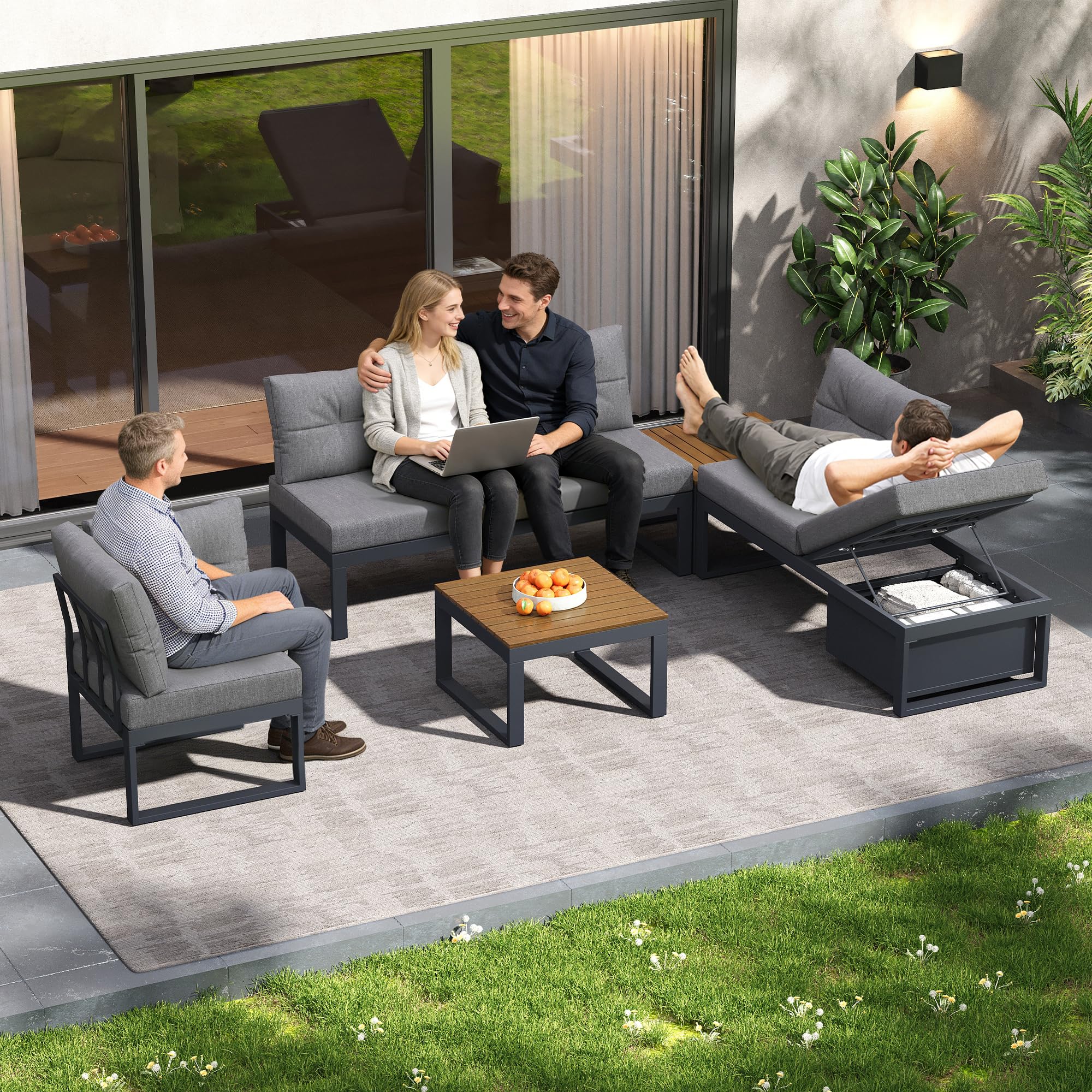 Gartenmöbel-Set, Garten Lounge Set mit 3-Stufig Verstellbarer Rückenlehne und Stauraum, 5-teiliges, 2 Doppelsofa, 1 Ecksofa, 2 Tische, für Balkone & Gärten, Alle Kissen Inklusive (Dunkelgrau)