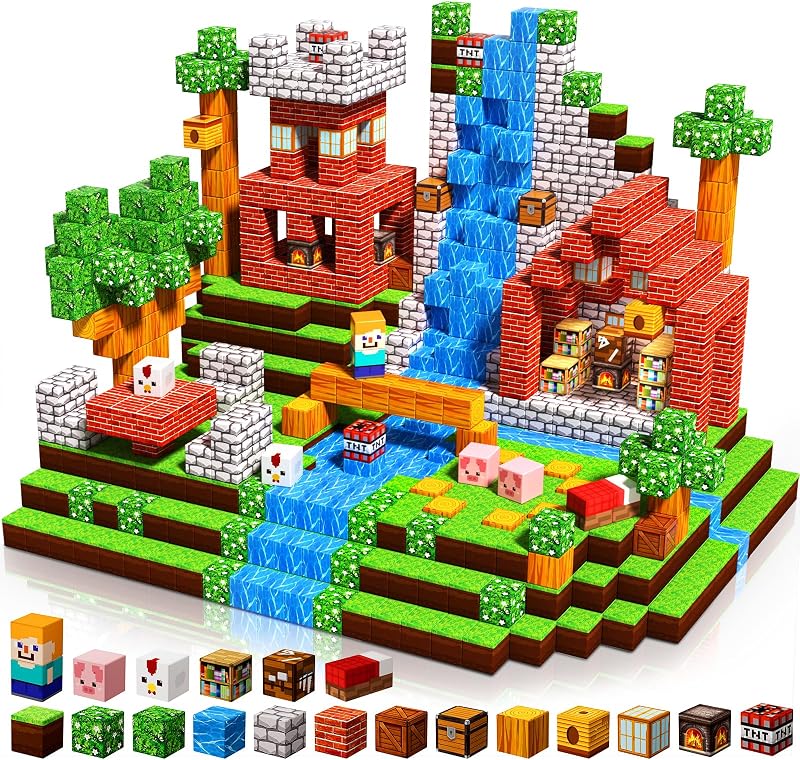 Annexfun Magnetic Blocks-100PCS Grassland Building Blocks Set, Kids Classroom Sensory Toy, STEM Learning, Construction Stacking Toy for Kids 3+ Boys & Girls Easter Christmas Birthday Gifts