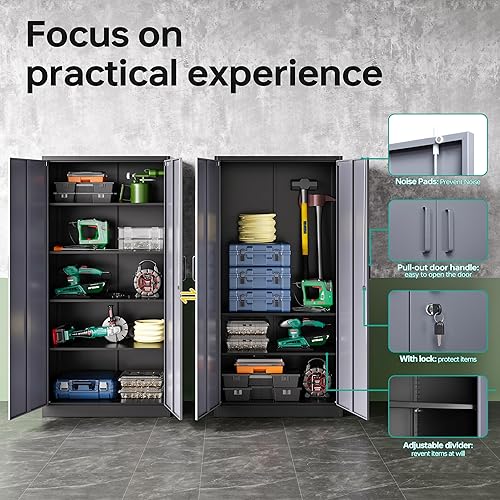 Miniatura 3 de SISESOL Armario de almacenamiento con puertas y estantes, gabinete de almacenamiento de metal de 71 pulgadas con cerradura, 5 estantes ajustables,