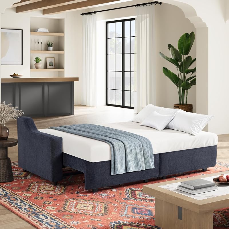 Serta Glendale 90.2" Queen Size Wall-Hugging Convertible Sofa, Dreamcoil Comfort, Chenille Fabric, Navy image 5
