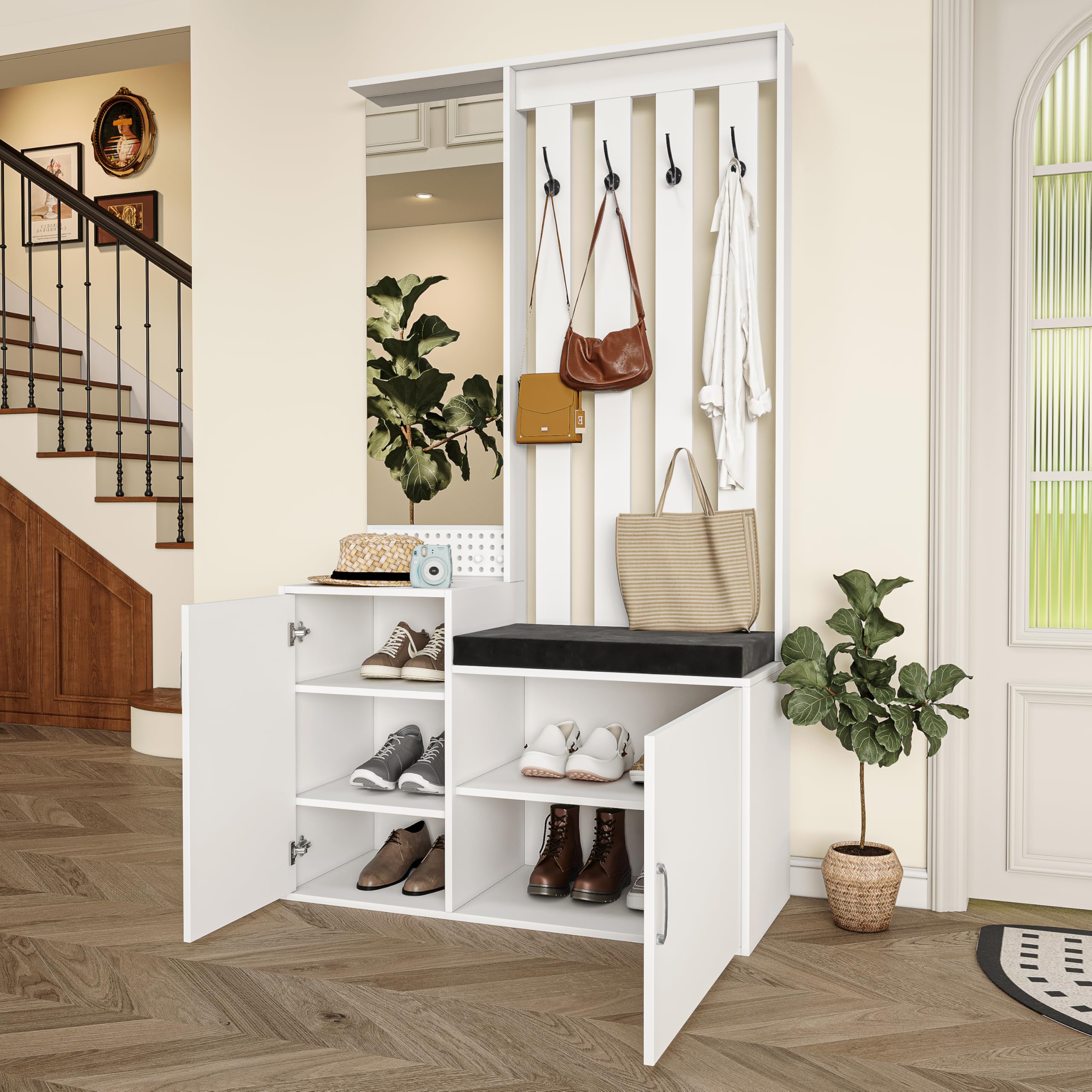 Porte-Manteau de Couloir avec Banc de Rangement Rembourré 40x100x180cm, Meuble à Chaussures de Couloir Multifonctionnel avec Patère, vestiaire d'entrée Moderne avec Miroir