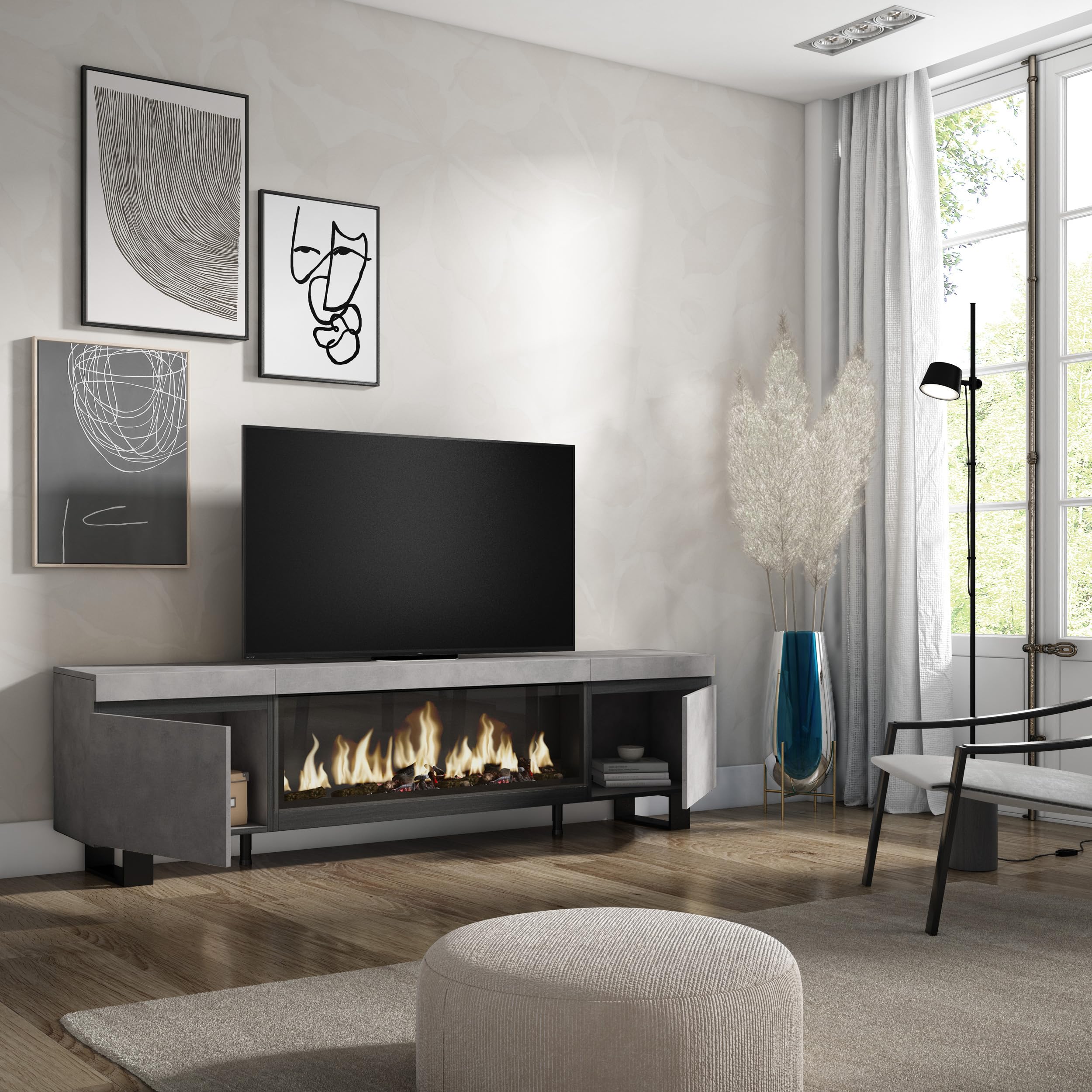 Skraut Home | TV-Meubel, Lowboard | Woonkamer, Eetkamer | 210 | Voor tv's tot 80 | Elektrische haard XXL | Industrieel design | Moderne stijl | Zwart