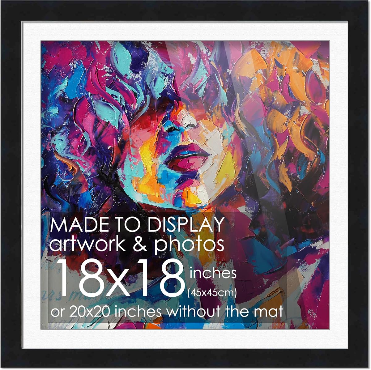 18x18 Frame Black Wood With White Mat 20x20 Frame Matted to 18x18 Display Your Picture Under UV Acrylic Shatter Guard Front with Foam Board Backing Wall Hanging Hardware
