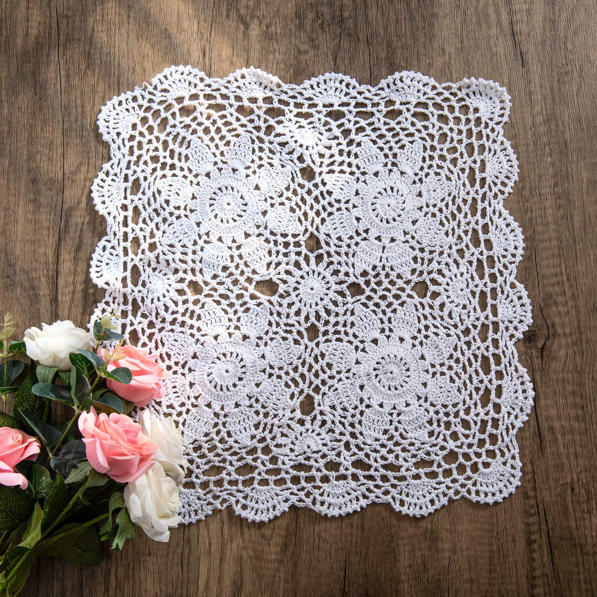 EiYYA Handmade Cotton Crochet Placemats Lace Table Doilies Square 16 x16inch (White)