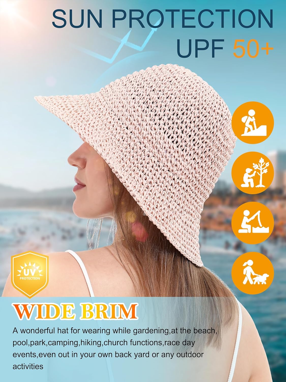 Womens Straw Sun Hat Wide Brim Hand Woven Foldable Beach Bucket Hat for Summer Travel UV Protection UPF 50+ - Image 4
