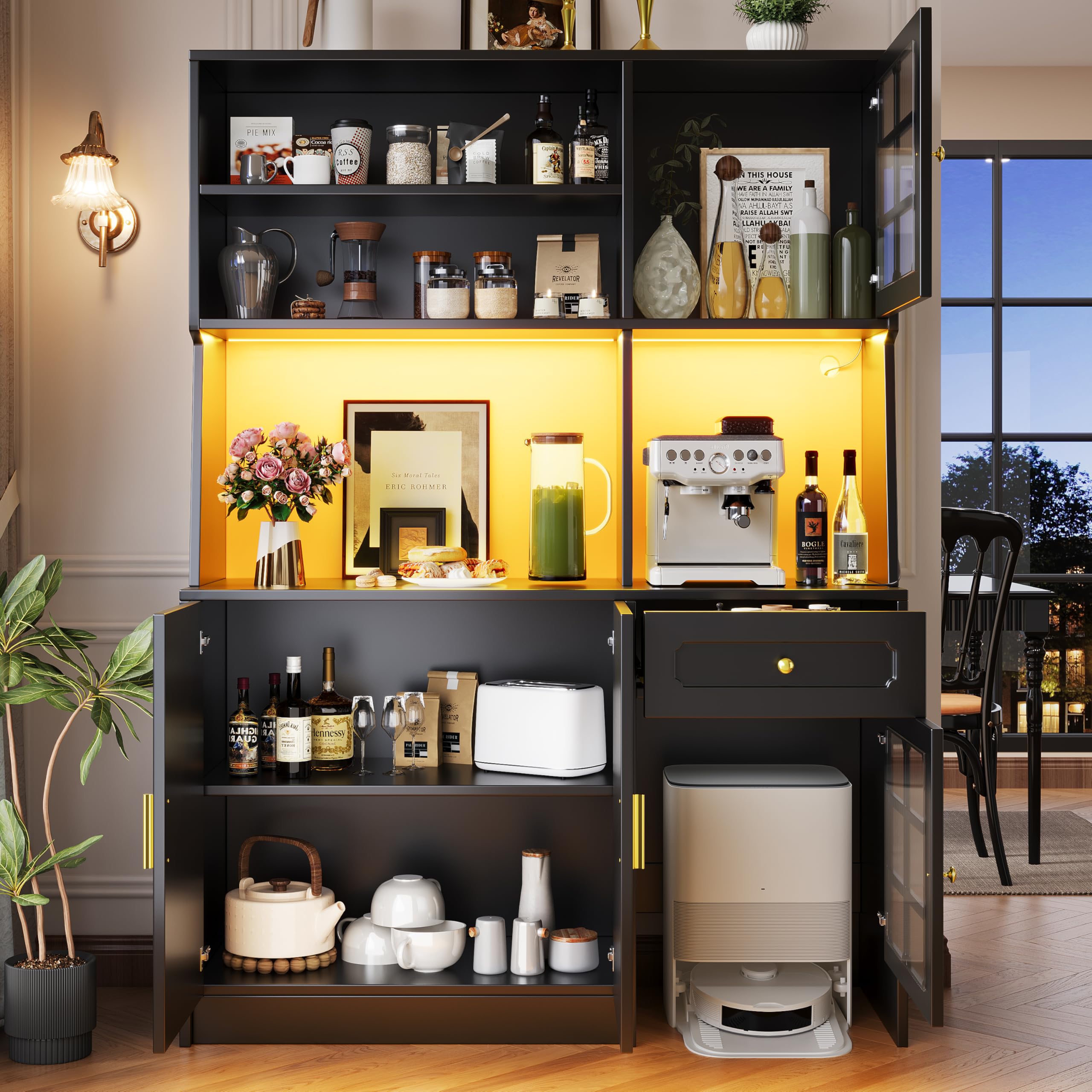 Kebnor Mobile alto da cucina, credenza, armadio da cucina con ante in vetro e illuminazione a LED, nero (130 x 45 x 180 cm)