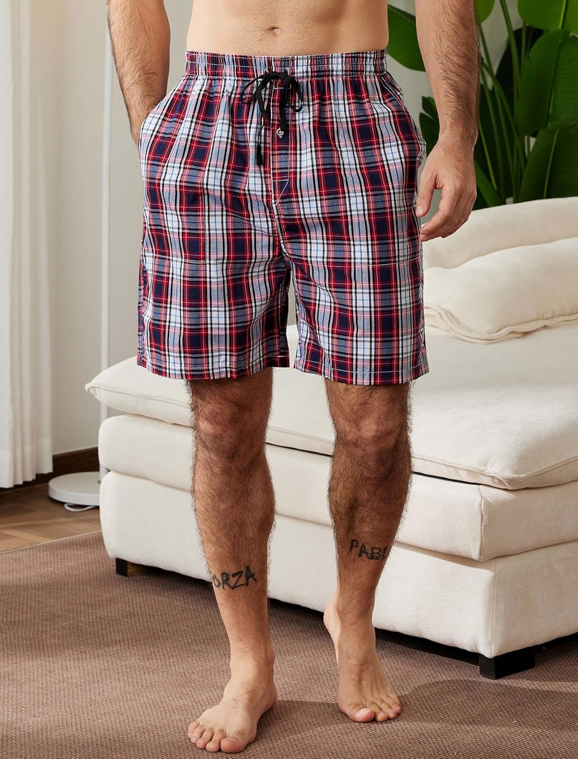 MoFiz Men's Plaid Pajama Shorts 3-Pack Woven Cotton Sleep & Lounge Shorts, Lightweight PJ Bottoms with Pockets & Button Fly - Image 4