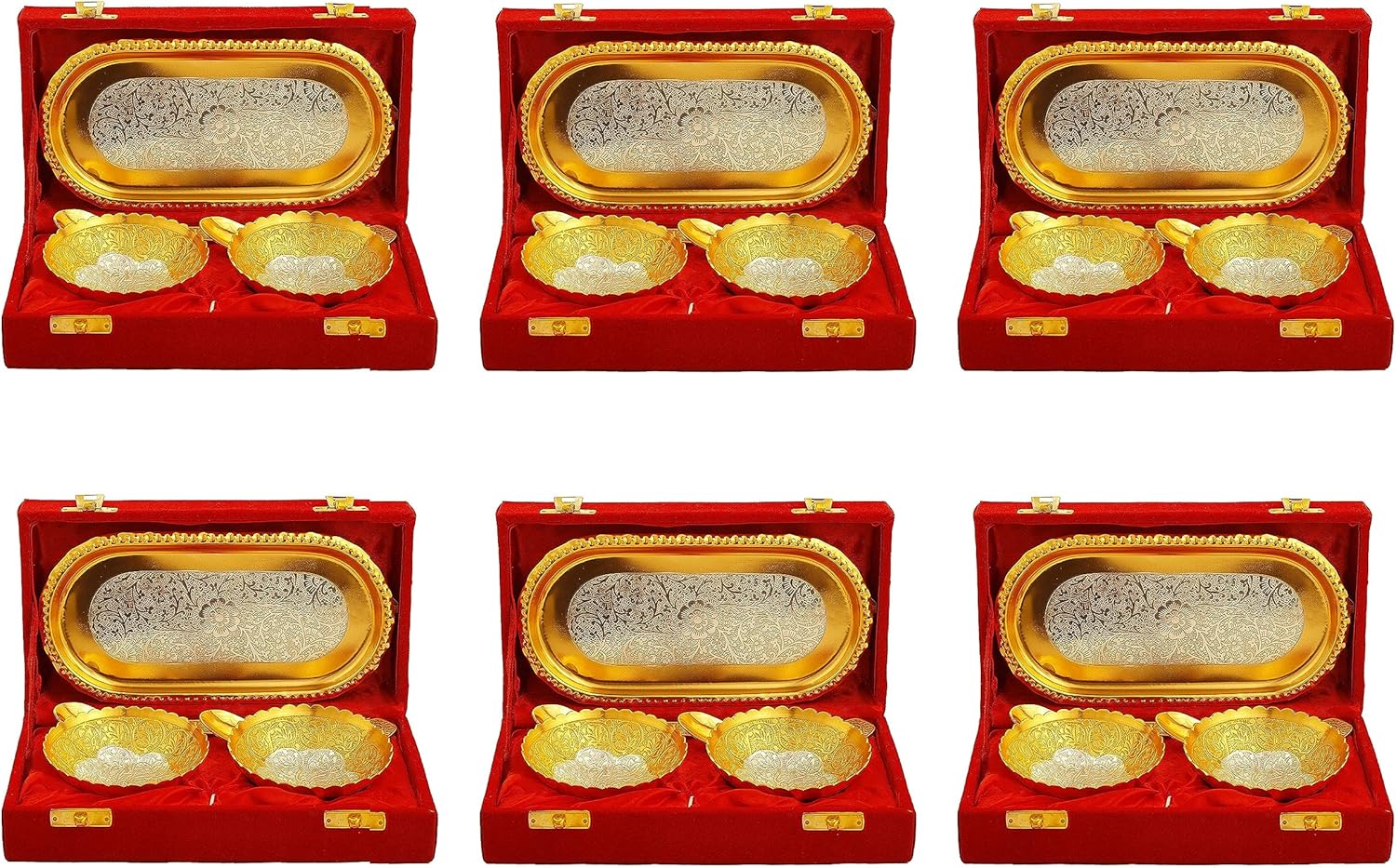 NOBILITY Bowl Spoon Tray Set Gold and Silver Plated with Red Velvet Box Dessert Dry Fruit Serving Sets Friends Family Home Decorative Corporate Gifts Wedding Return Gift Items 6 Sets