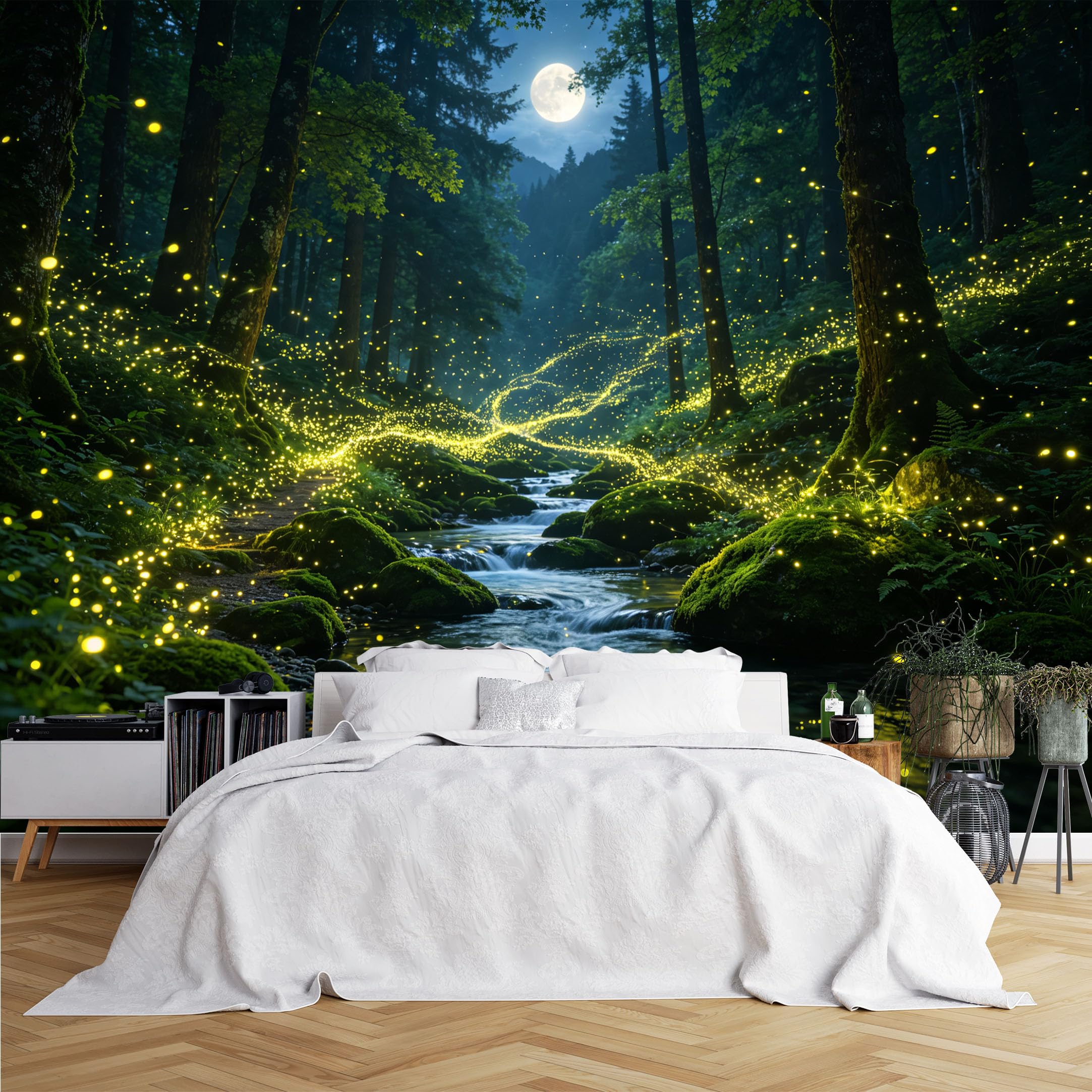 Lcythiazole Ch260615006 Custom Size Wall Murals Full Moon Firefly Stream Forest Wall Murals Magical Night Mossy Creek View Wallpaper Hd Self-Adhesive Removable Wallpaper For Living Room Bedroom