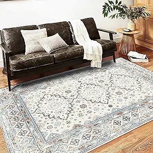 Washable Area Rug 5x7 Retro Boho Chic Medallion Distressed Design for Living Room Indoor Non-Slip Large Oriental Accent Throw Rug for Kitchen Entryway Bedroom Office Rug