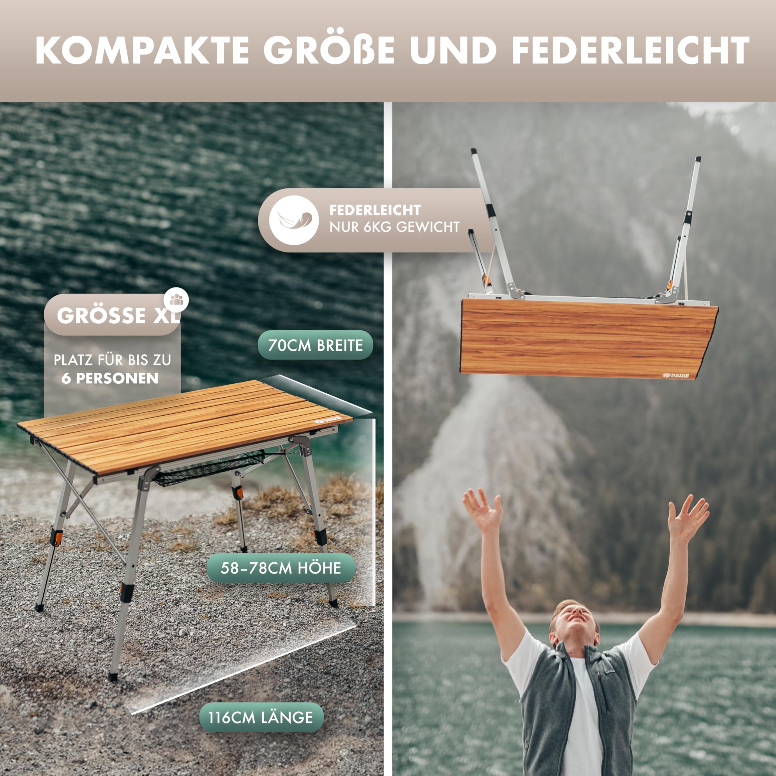 NATURBUMMLER Campingtisch klappbar höhenverstellbar [SOLID-LITEC+] federleichter Aluminium Klapptisch mit Anti Rostschutz - Faltbarer Outdoor Tisch Angeltisch Picknick Beistelltisch klein (XL 2.0)