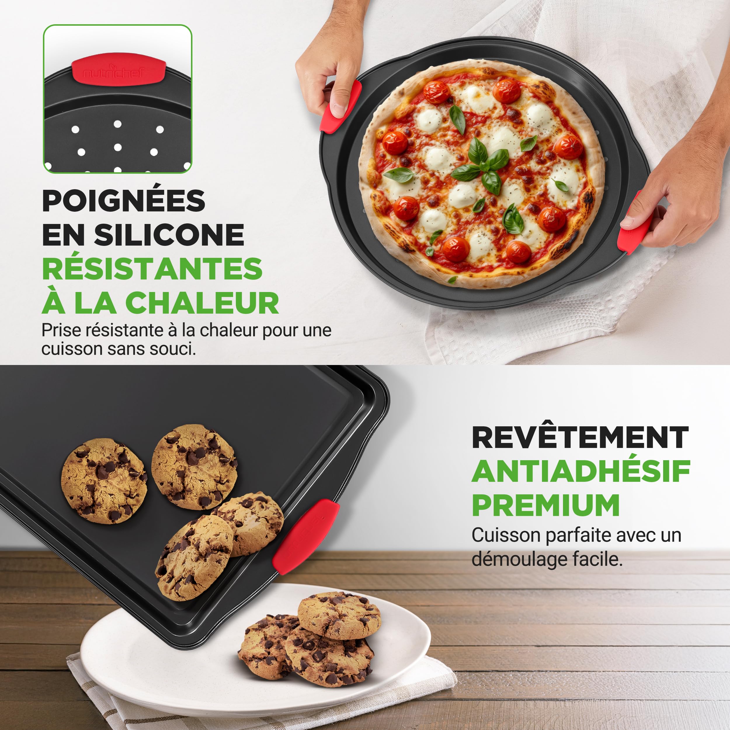 NutriChef Moules à Pâtisserie - Set de 8 Plateaux de Cuisson Antiadhésif en Acier au Carbone - Plateaux Empilables - Inclut Plaques à Biscuits, Moule à Cake, Pizza, Muffins et Gâteau - Noir