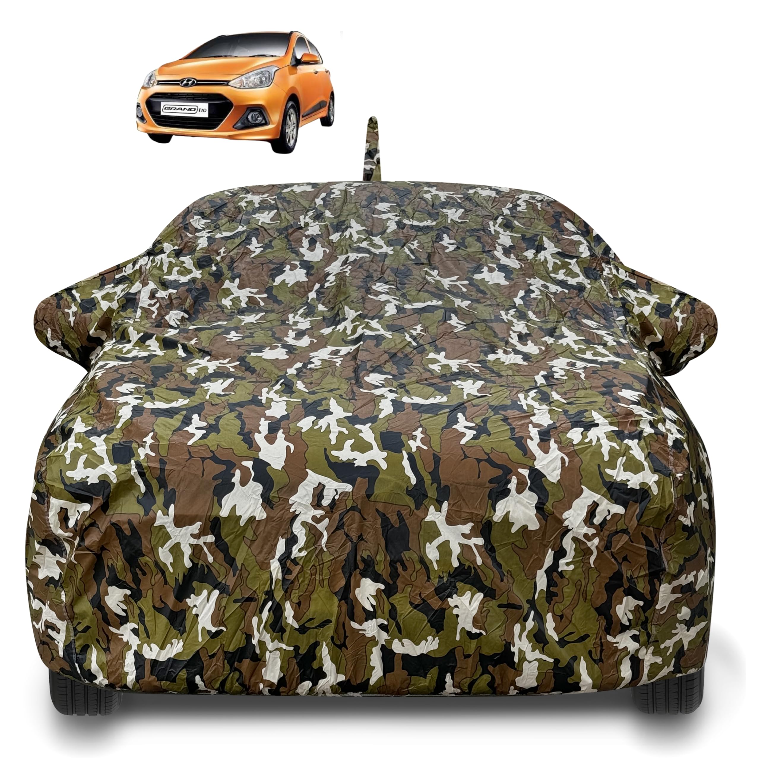 Auto Hub Hyundai Grand i10 Car Cover with Mirror & Antenna Pocket and Soft Cotton Lining,Waterproof Grand i10 Car Body Cover, Army Print-image-24