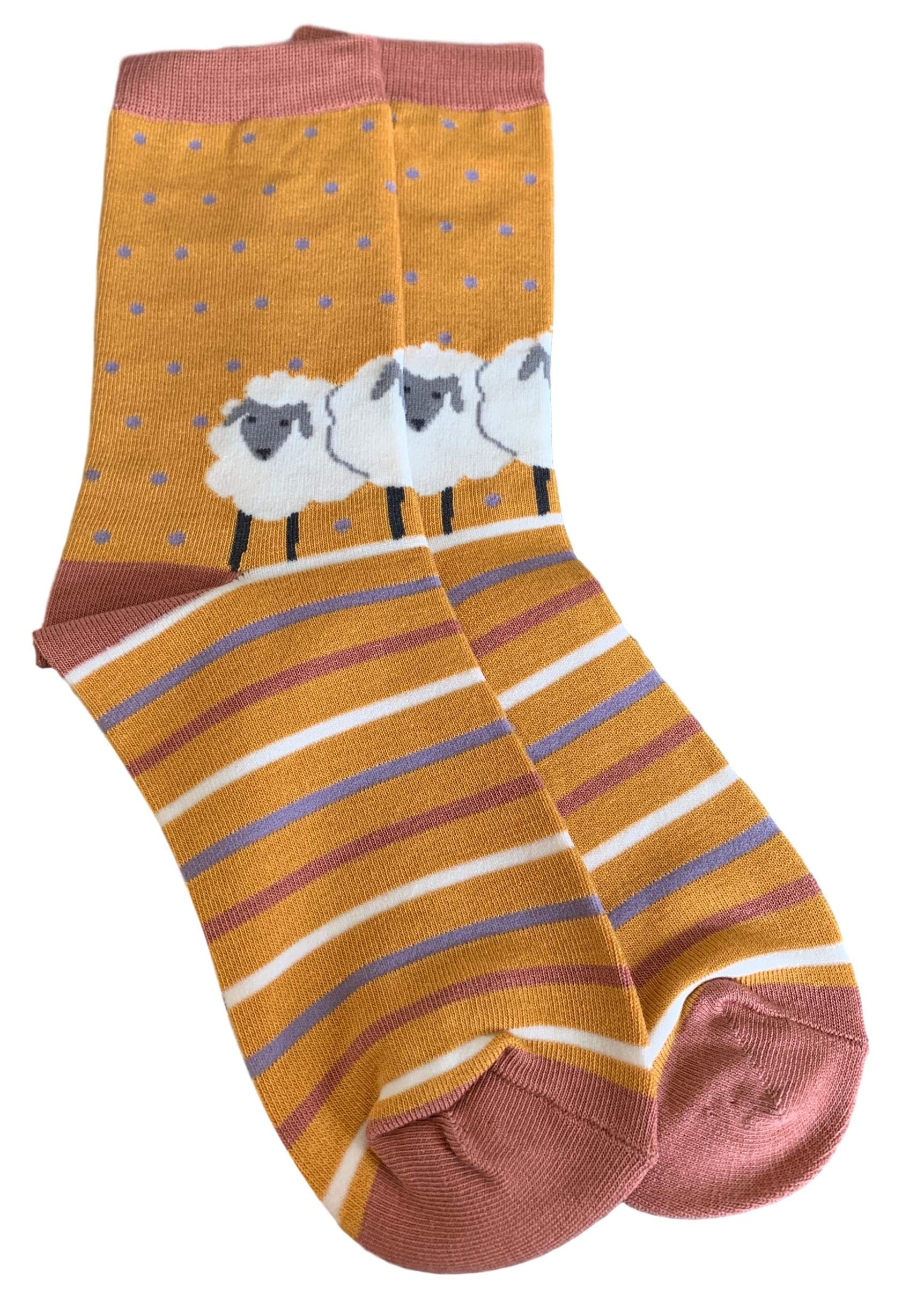 Purple Possum® Socks Sheep Ladies Soft Bamboo Cotton Blend Pink Purple Yellow green Striped Ankle Sock Womens Gift Idea (yellow)