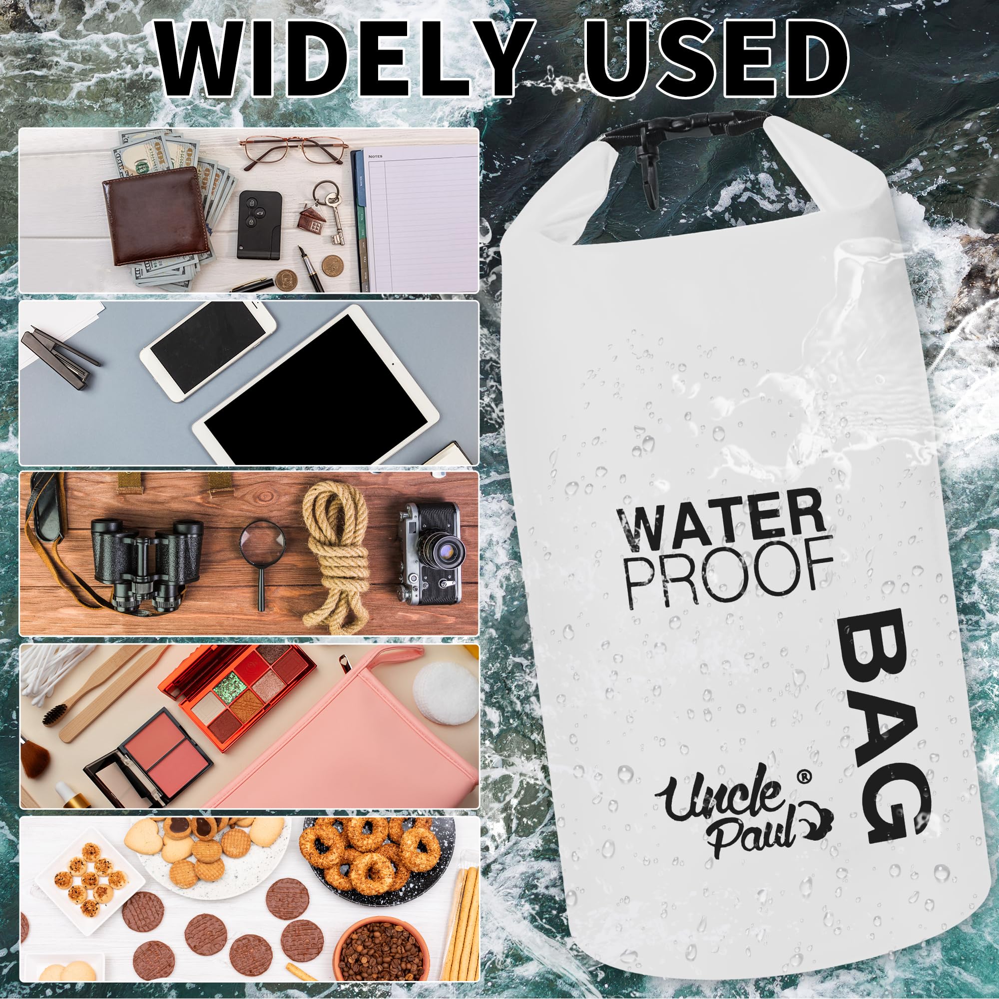 Uncle Paul Boat Dry Bags - Belongings Protection Waterproof Bag for Outdoor Drifting Boating Kayaking Fishing Rafting Swimming Camping Canoeing Surfing Pure White 2 Literes(0.4 UK gal) - Image 3