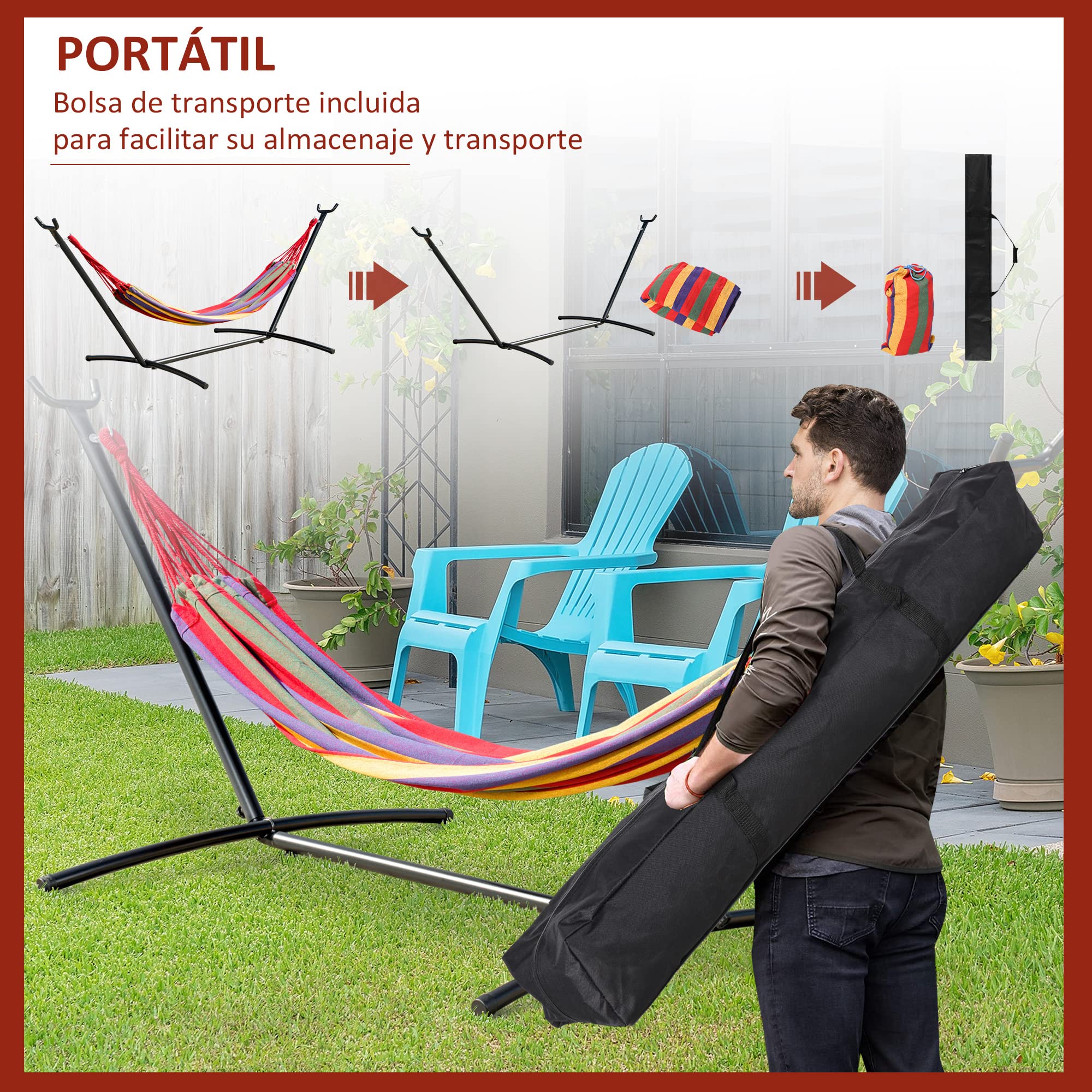 Outsunny Hamaca con Soporte de Acero Hamaca para Jardín Portátil con Altura Ajustable en 6 Niveles y Bolsa de Transporte para Patio Carga 120 kg 200x150 cm Multicolor