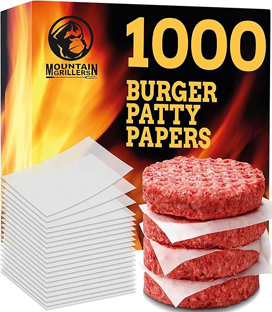 MOUNTAIN GRILLERS Non Stick Waxed Hamburger Patty Papers - 1000 Squares - Perfect for BBQ, Burgers & Food Prep - Easy to Separate Even When Kept in Fridge or Freezer - Ideal for Burger Press