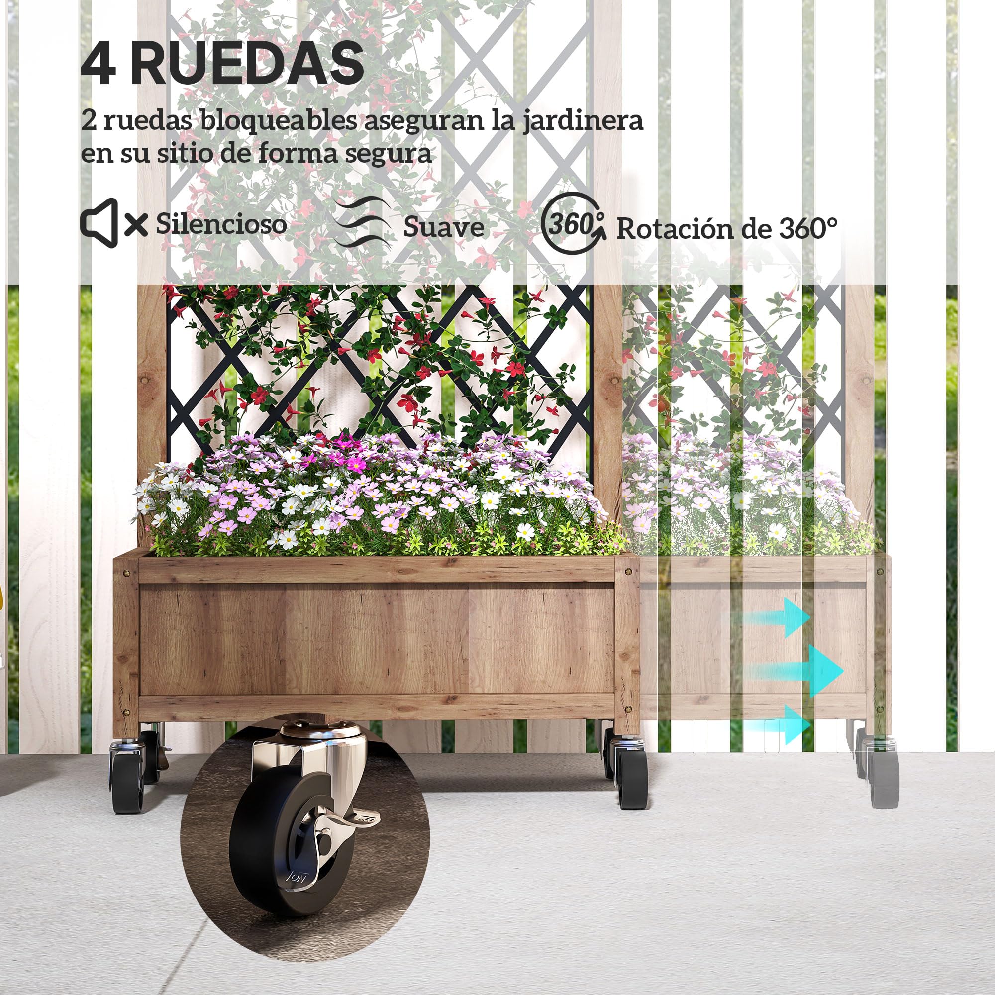 Outsunny Juego de 2 Jardineras de Exterior con Ruedas 52x25x97 cm Natural | Jardineras con Celosía Metálica, para Plantas Trepadoras, Maceteros para Jardín Terraza Patio